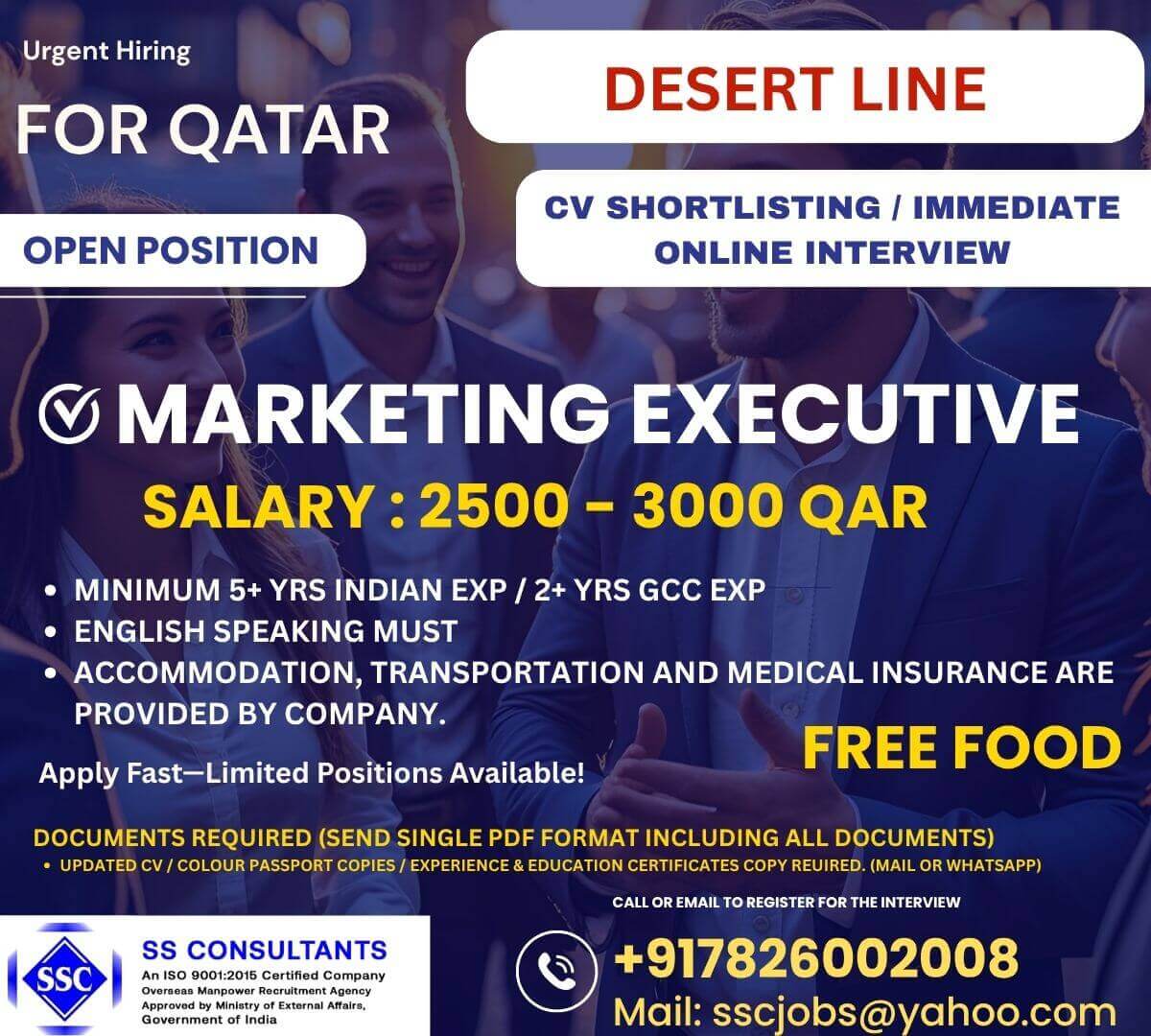 Marketing Executive - Qatar (5+ Yrs India Exp / 2+ GCC Exp) - 2500-3000 QAR | Free Visa, Food, Accommodation Marketing Executive - Qatar (5+ Yrs India Exp / 2+ GCC Exp) - 2500-3000 QAR | Free Visa, Food, Accommodation
