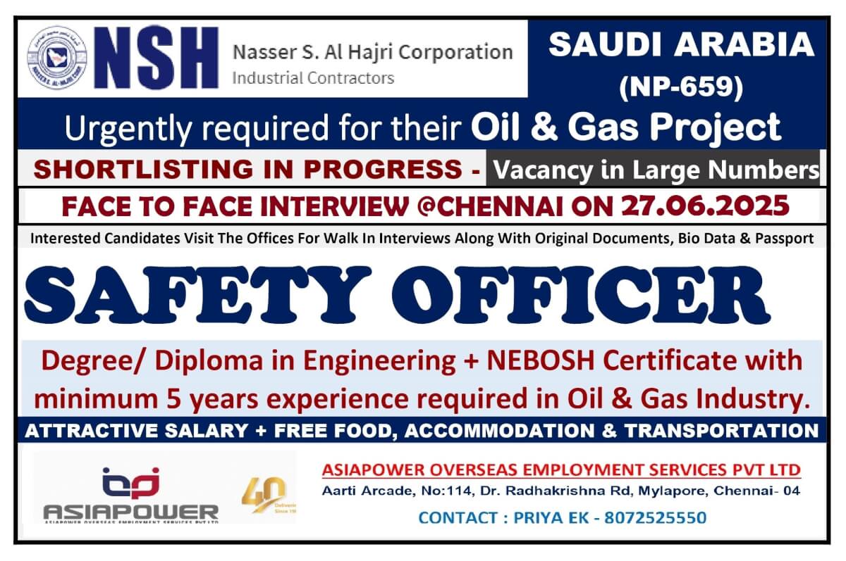 SAFETY OFFICER - HIRING FOR SAUDI ARABIA (ARAMCO PROJECT) SAFETY OFFICER - HIRING FOR SAUDI ARABIA (ARAMCO PROJECT)