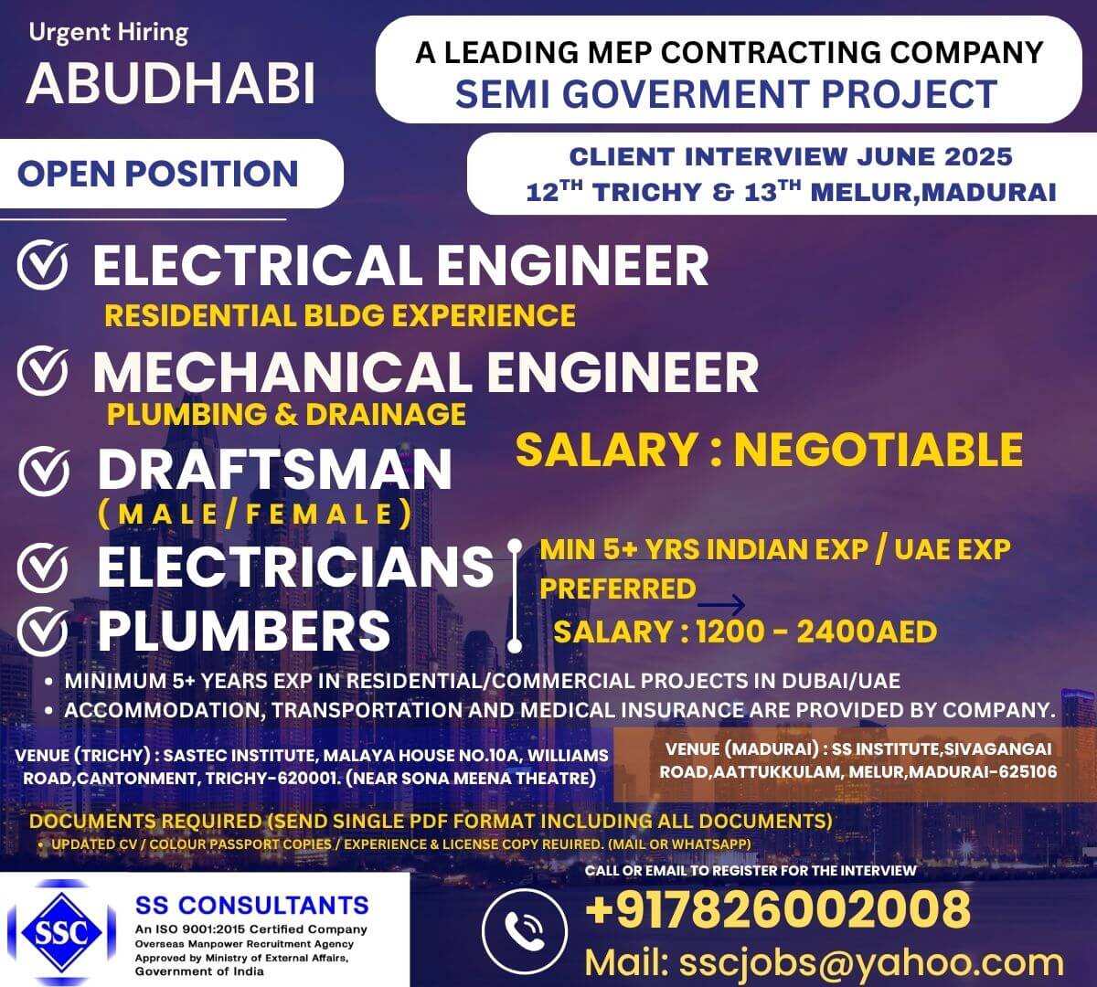 Urgent UAE MEP Jobs: Engineers & Trades - Accommodation/Medical Provided