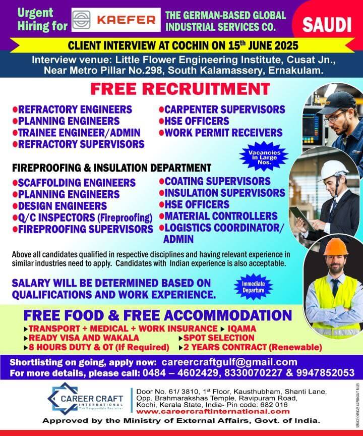Client Interview at Kochi on 15th June, 2025 for Kaefer, Saudi Arabia -