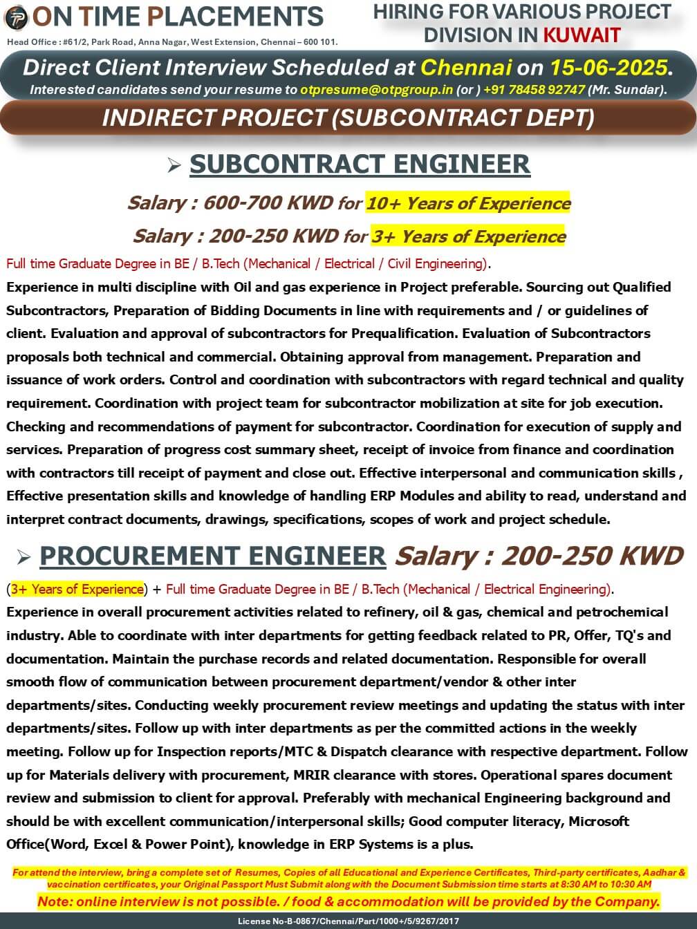 INDIRECT MANPOWER REQUIREMENT FOR PROJECTS - SUBCONTRACT DEPT - LONG TERM INDIRECT MANPOWER REQUIREMENT FOR PROJECTS - SUBCONTRACT DEPT - LONG TERM