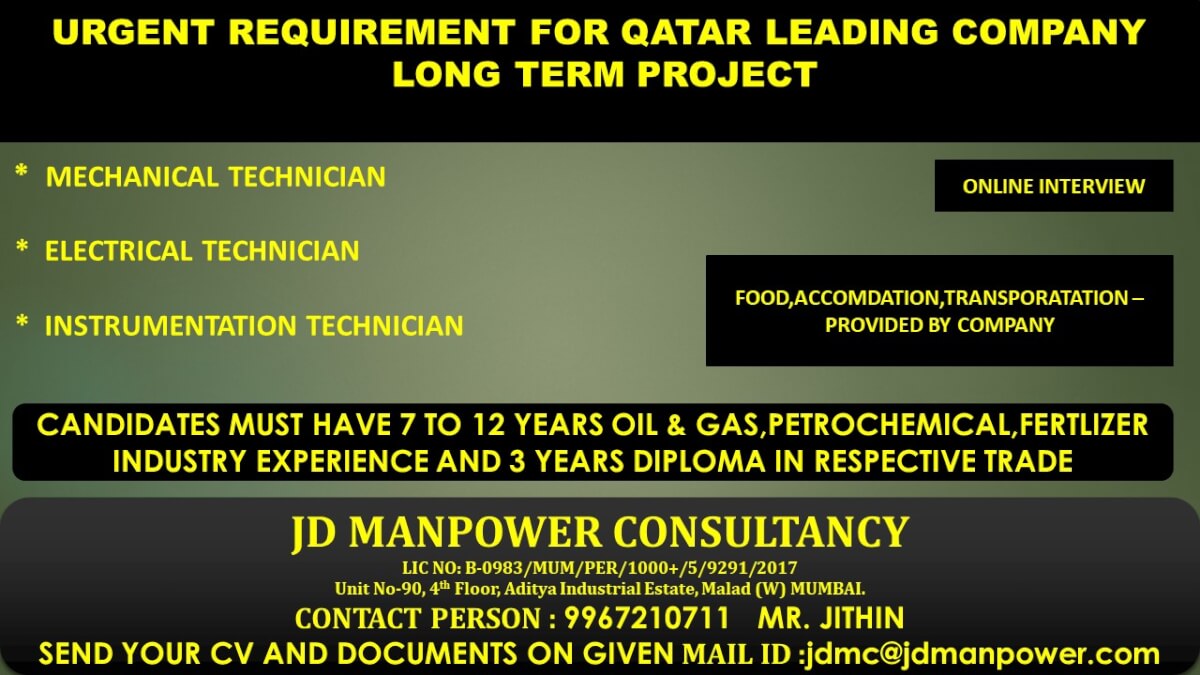 URGENT REQUIREMENT FOR QATAR LEADING COMPANY URGENT REQUIREMENT FOR QATAR LEADING COMPANY