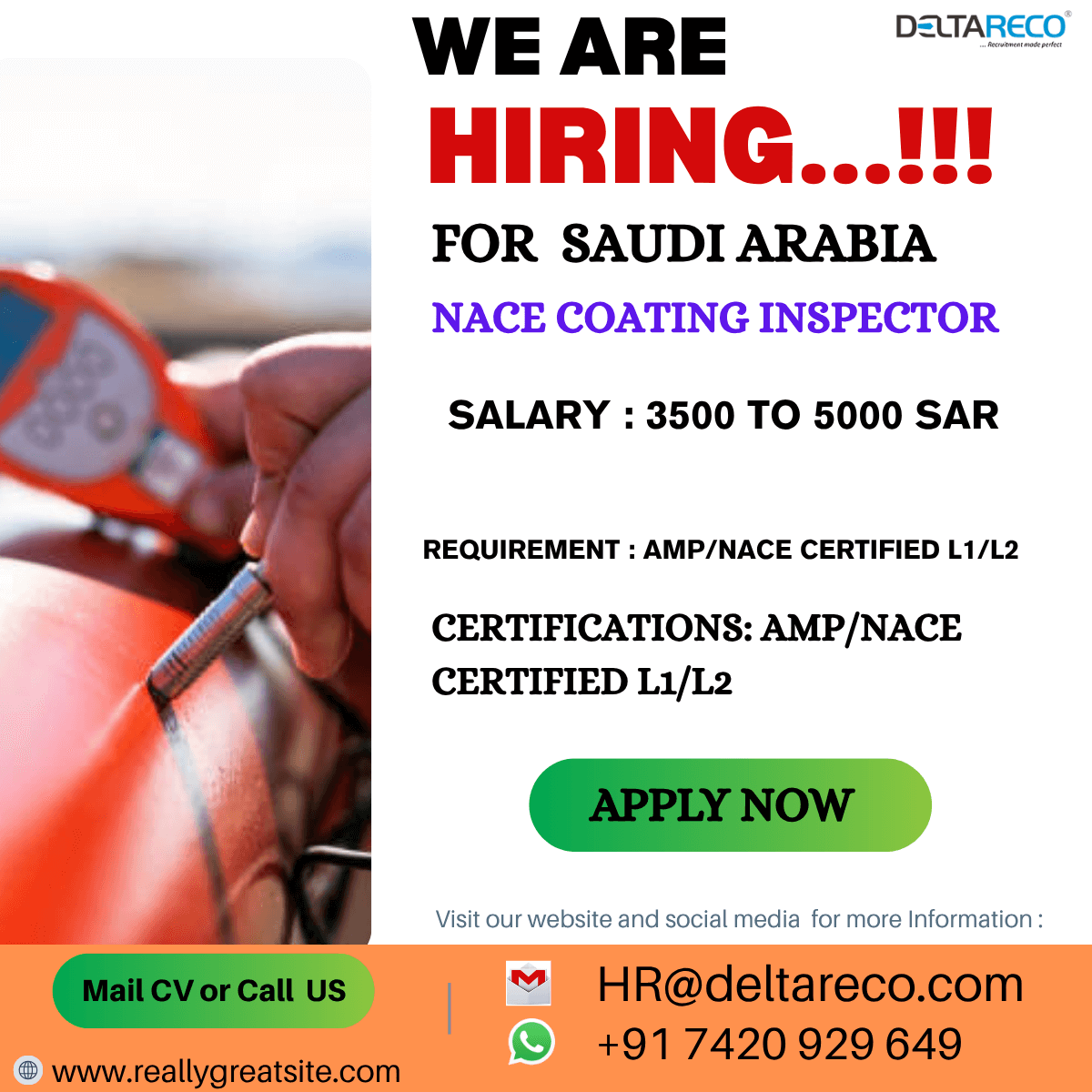 Hiring  Nace Coating Inspector for Saudi Arabia