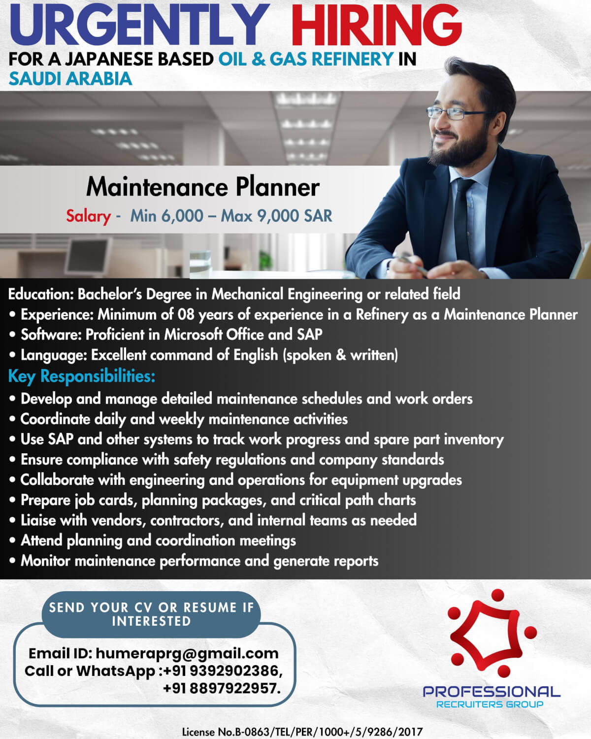 We are hiring a Maintenance Planner for a Japanese-based Oil & Gas Refinery in Saudi Arabia We are hiring a Maintenance Planner for a Japanese-based Oil & Gas Refinery in Saudi Arabia