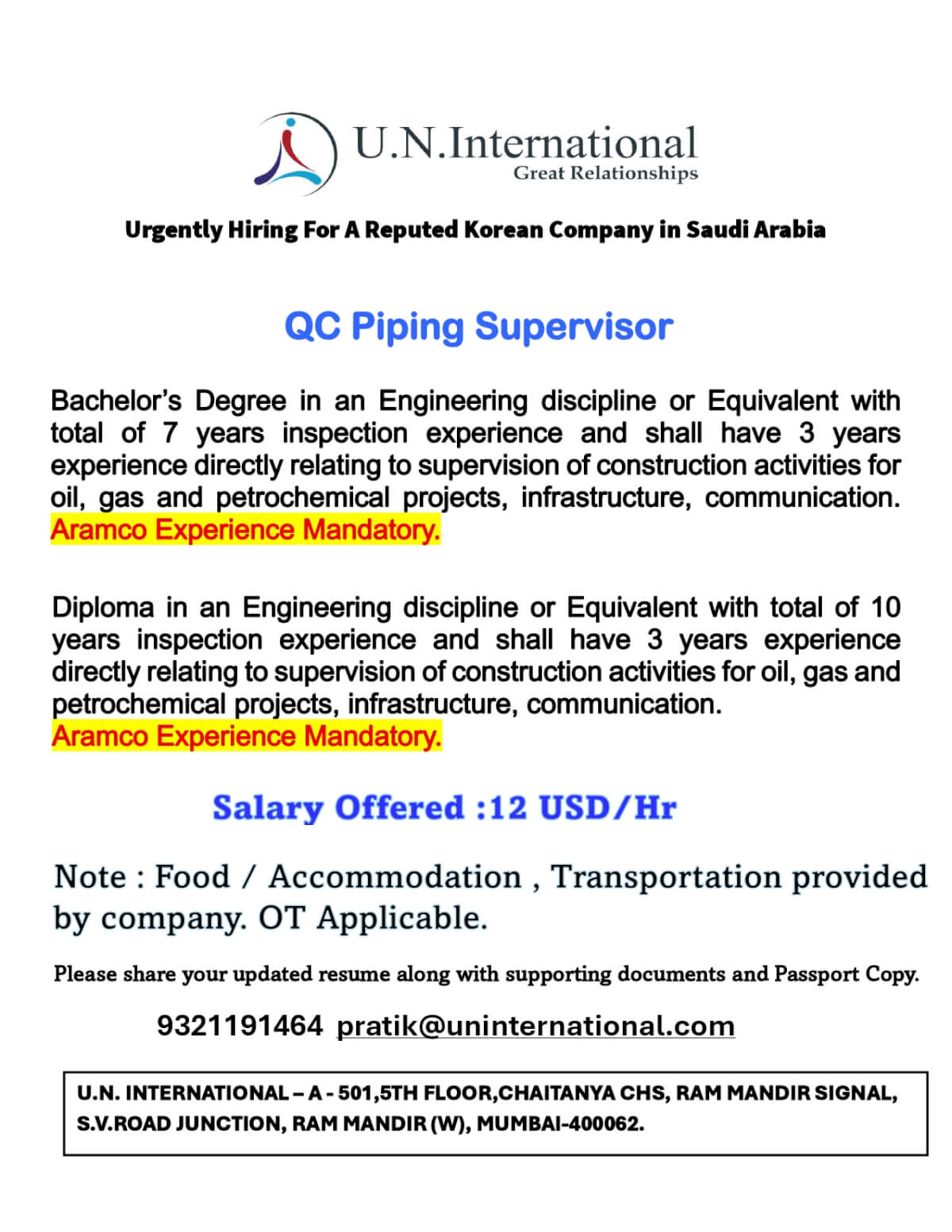 Require Saudi Arabia - QC Piping Supervisor