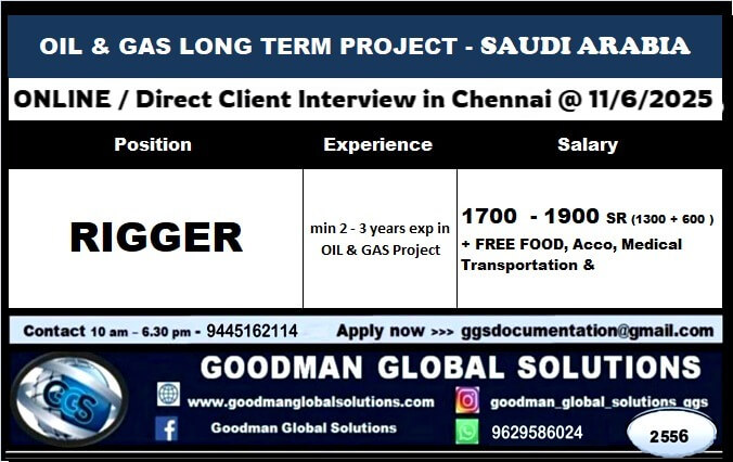 OIL AND GAS PROJECT - LONG TERM– SAUDI ARABIA -ONLINE INTERVIEW -- CV SHORTLISTING PROCESS IN CHENNAI