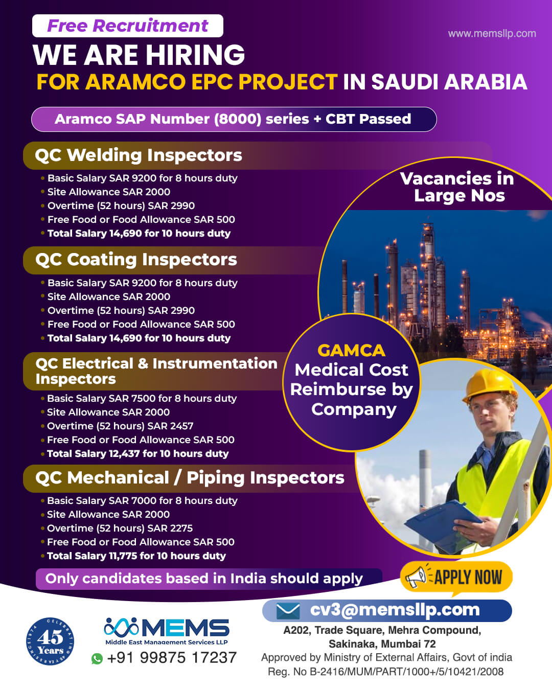 We are Hiring for Aramco EPC Project in Saudi Arabia We are Hiring for Aramco EPC Project in Saudi Arabia