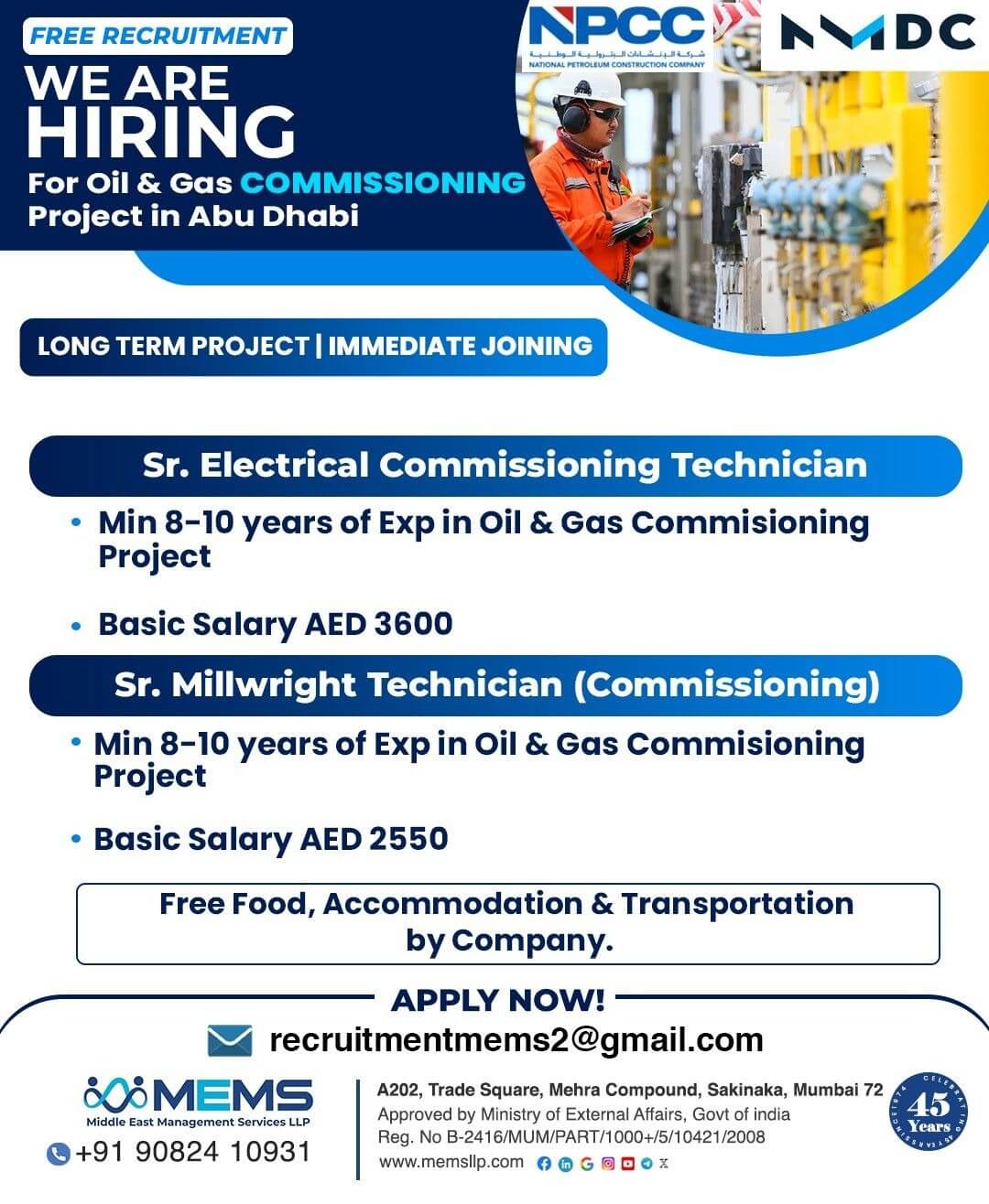 We are Hiring for Oil & Gas Commissioning Project in Abu Dhabi