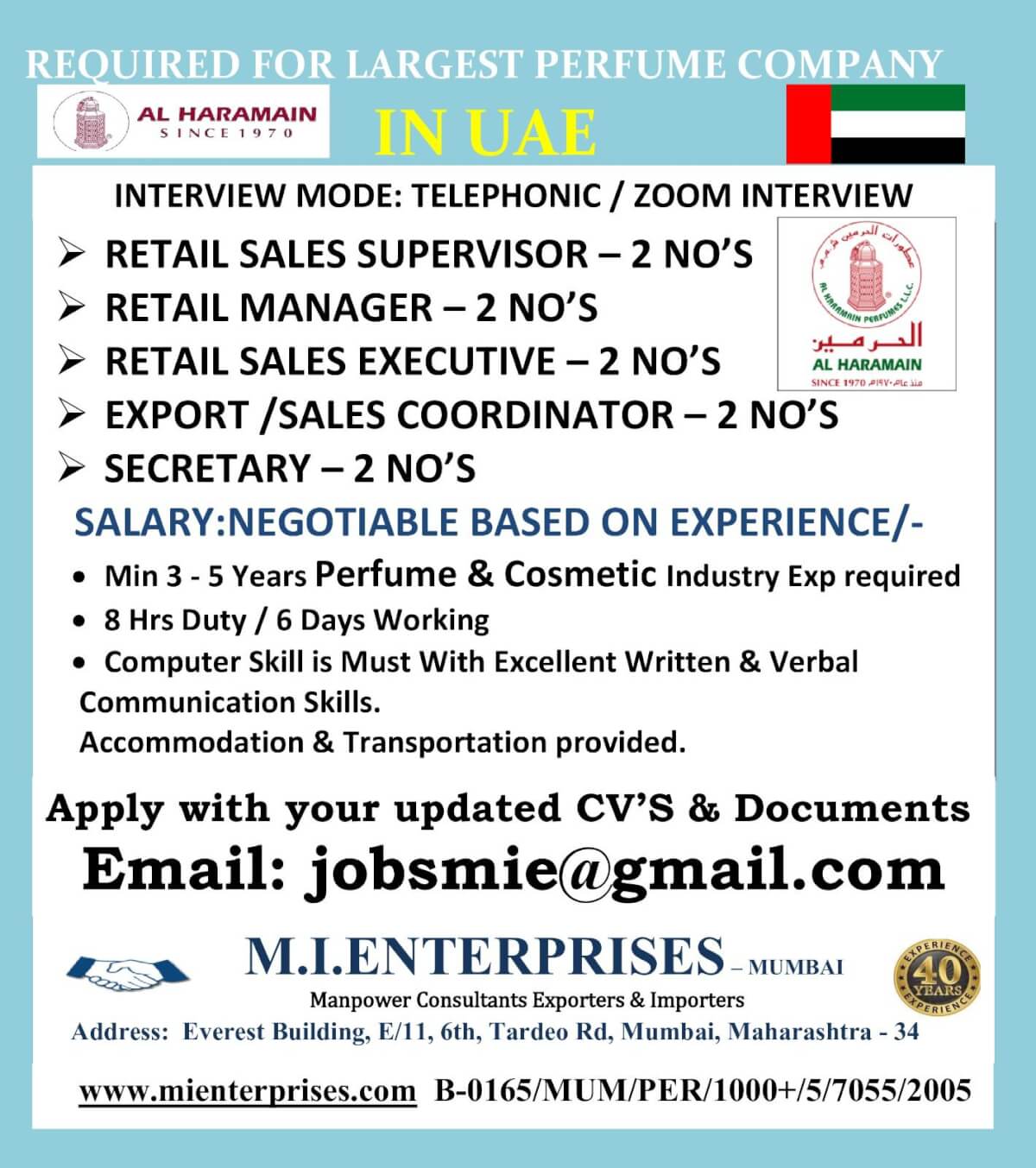 REQUIRED FOR LARGEST PERFUME COMPANY  IN UAE