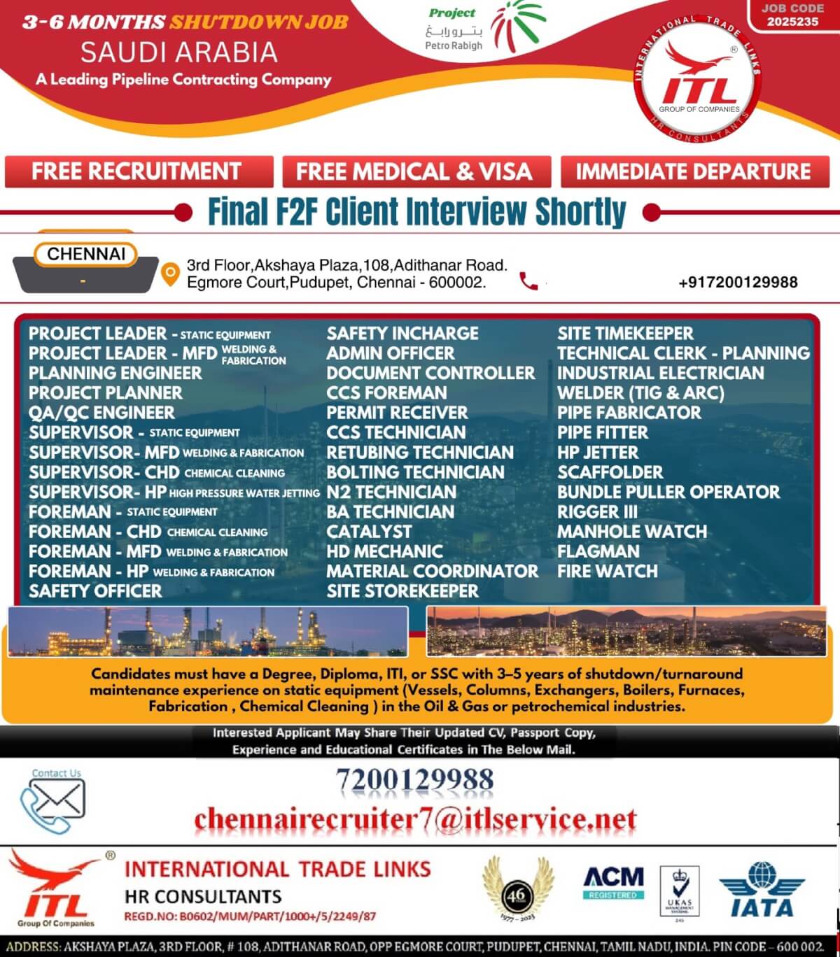 Direct interview for SAUDI Shortly at CHENNAI