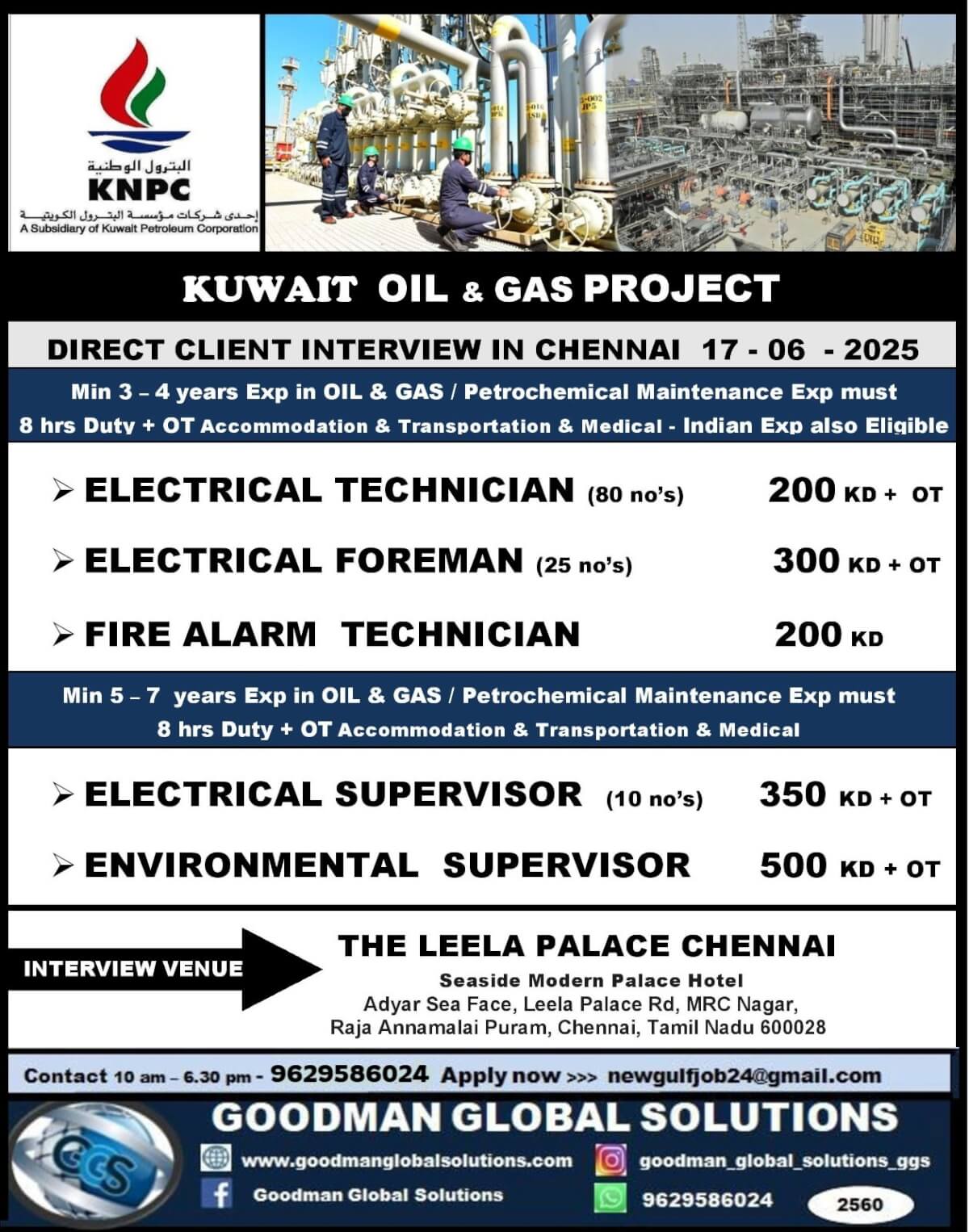 OIL & GAS / PETROCHEMICAL MAINTENANCE PROJECT KUWAIT  -  KNPC PROJECT  DIRECT CLIENT INTERVIEW @CHENNAI FEBRUARY 17 / 06/ 2025
