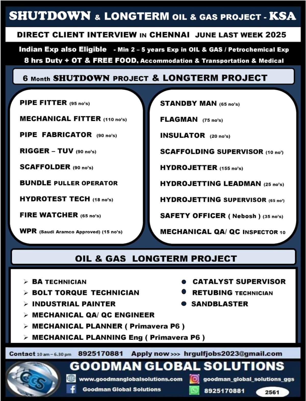 SHUTDOWN & LONG TERM OIL & GAS PROJECT – KSA  DIRECT CLIENT INTERVIEW IN CHENNAI 2 JULY 2025