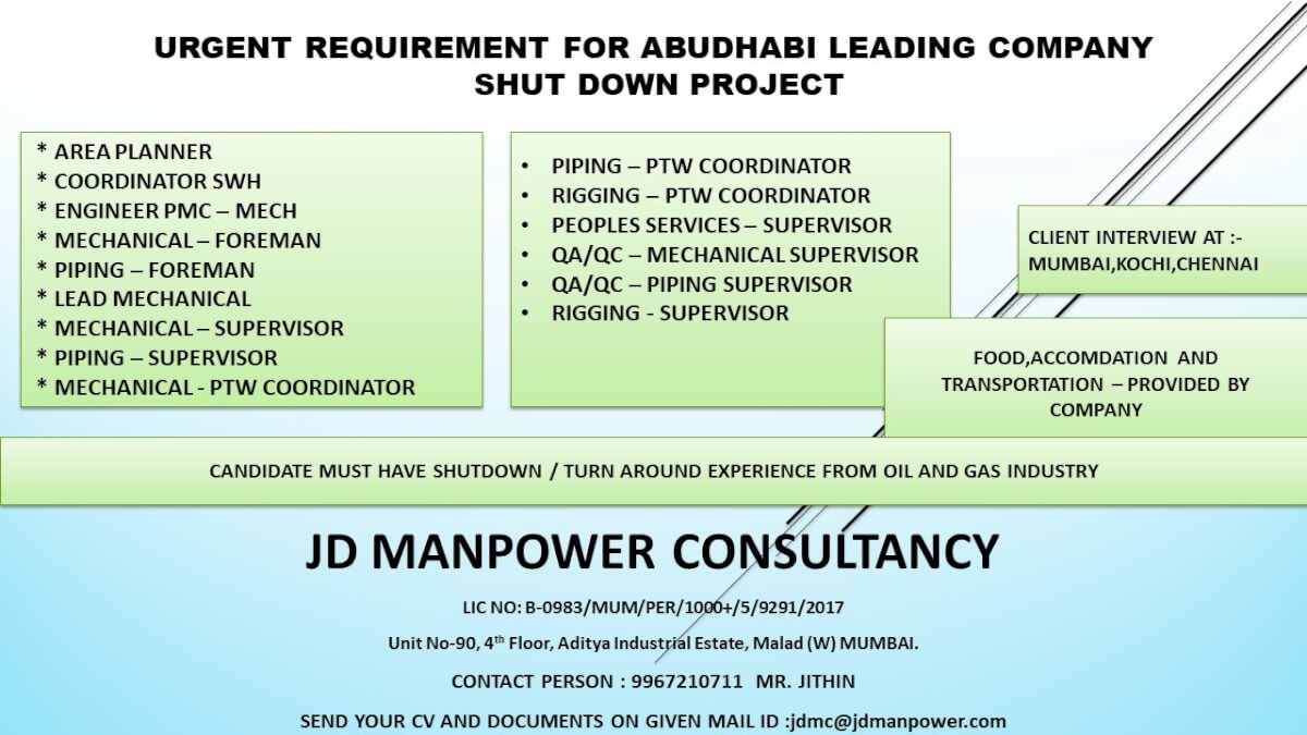 URGENT REQUIREMENT FOR UAE LEADING COMPANY - SHUT DOWN PROJECT