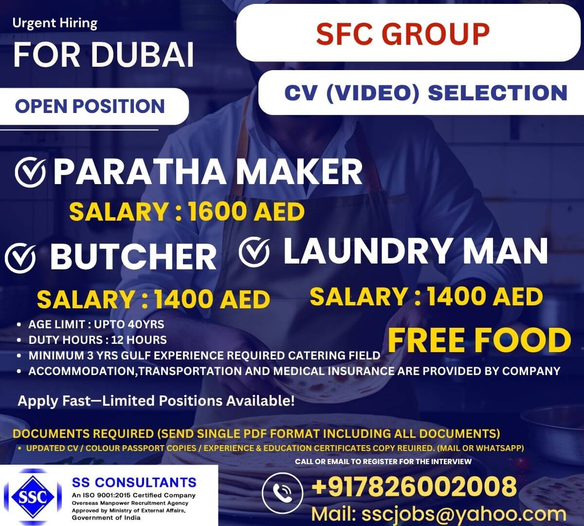Urgent Catering Jobs in Dubai: Paratha Maker (1600 AED), Butcher & Laundry Staff (1400 AED) - Free Accommodation