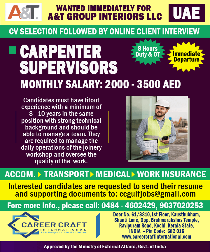 Urgent requirement of Carpenter Supervisors for UAE -