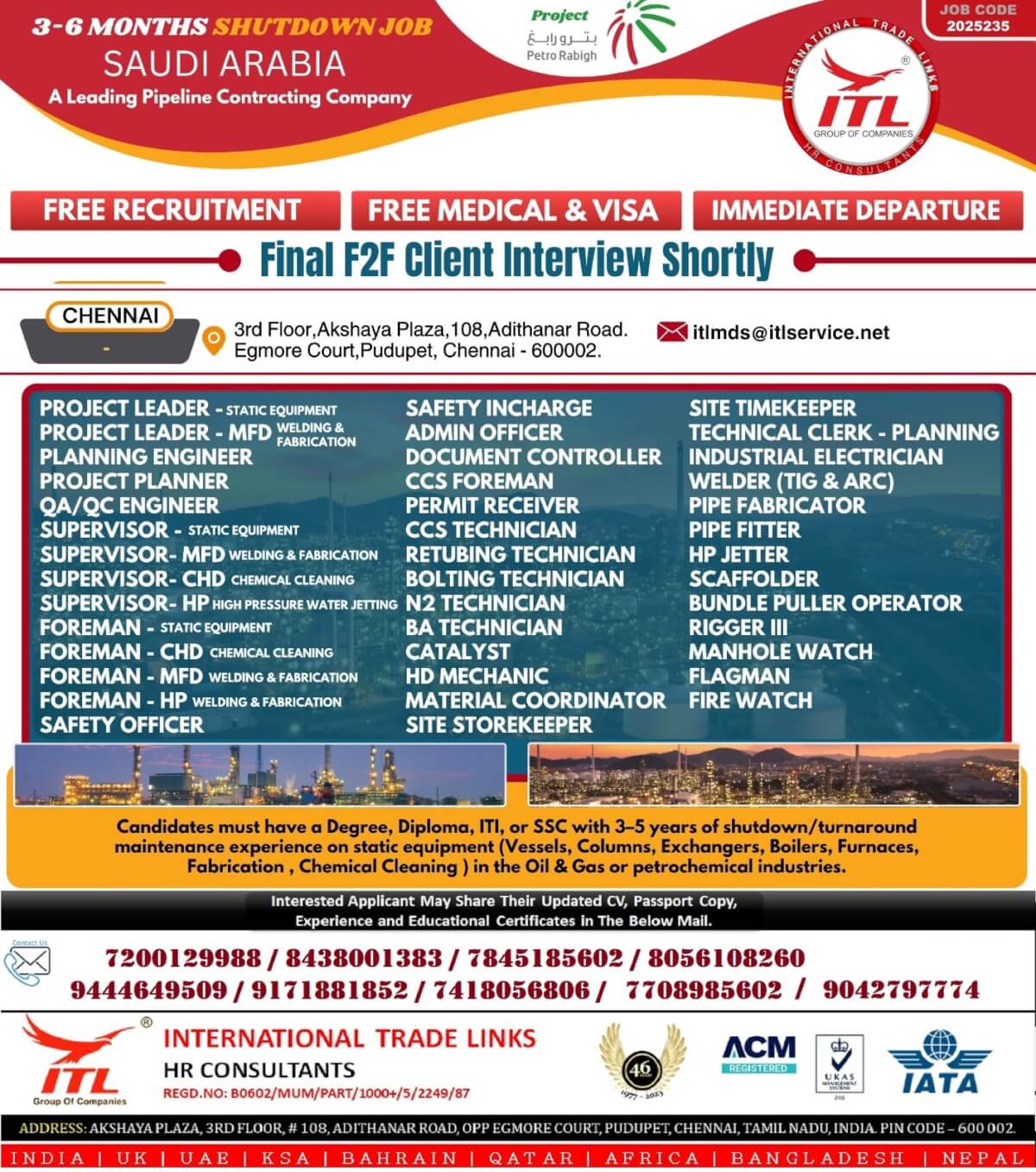 Shutdown Project for Saudi Arabia Direct Client Interview Shortly at Chennai