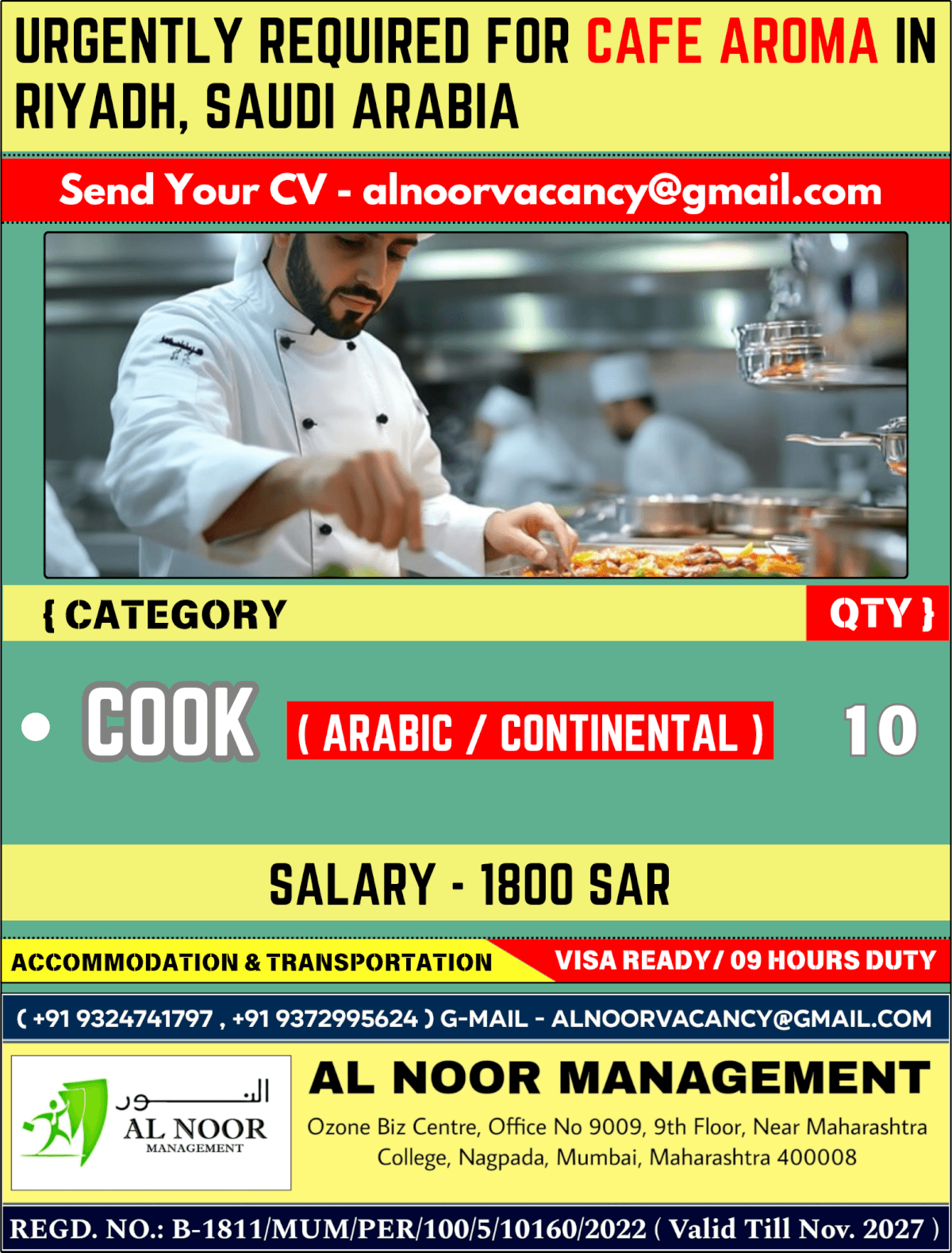 URGENTLY REQUIRED FOR CAFE AROMA IN RIYADH, SAUDI ARABIA