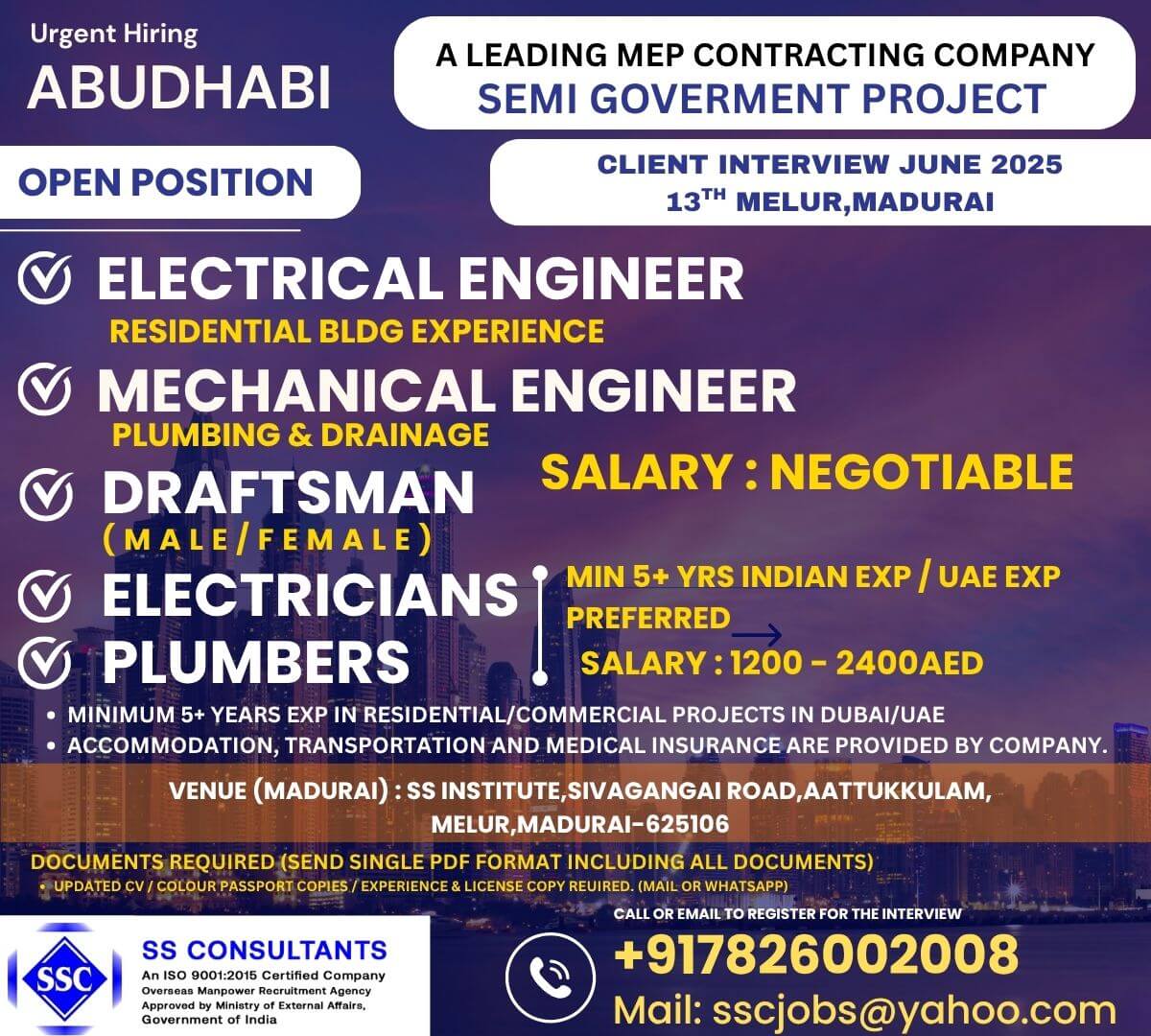 Urgent Hiring in Abu Dhabi – Electrical/Mechanical Engineers, Draftsman, Electricians & Plumbers – Client Interview June 2025!