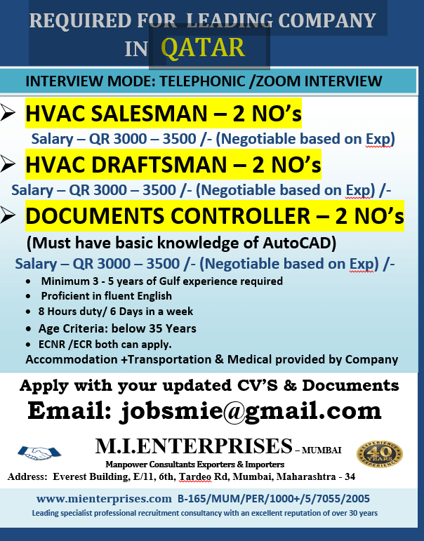 REQUIRED FOR  LEADING COMPANY  IN QATAR