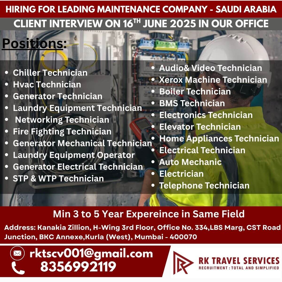 HIRING FOR LEADING MAINTENANCE COMPANY - SAUDI ARABIA CLIENT INTERVIEW ON 16TH JUNE 2025 IN OUR OFFICE