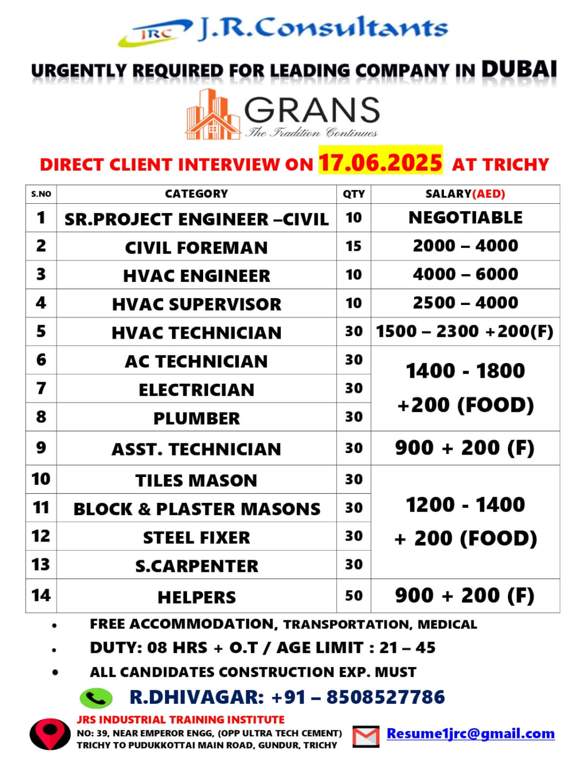 URGENTLY REQUIRED FOR LEADING COMPANY IN DUBAI