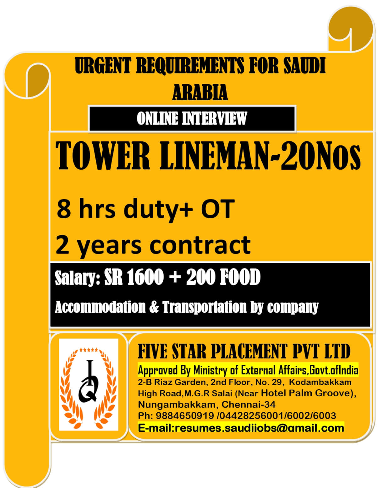 URGENT REQUIREMENT FOR SAUDI ARABIA