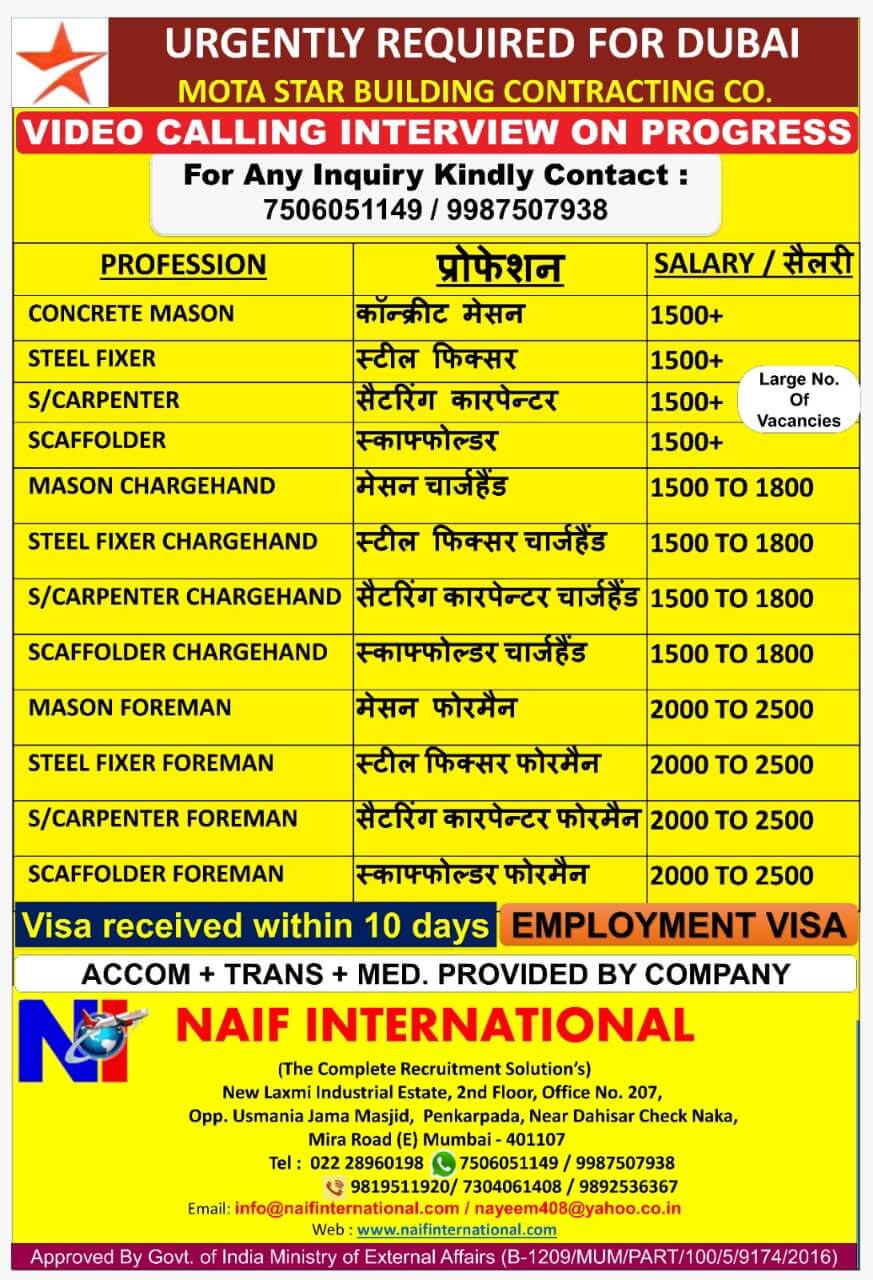 URGENTLY REQUIRED FOR DUBAI MOTA STAR BUILDING CONTRACTING CO.
