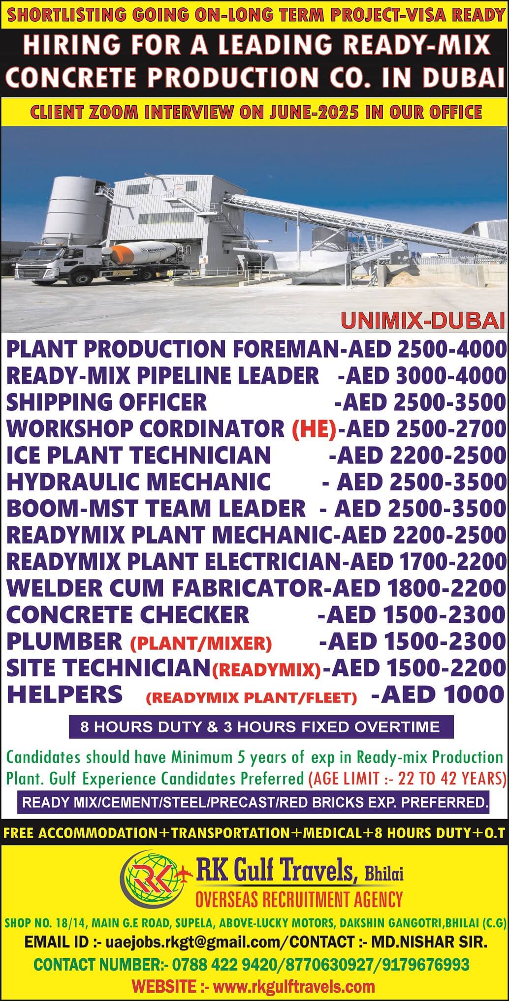 URGENTLY REQUIRED FOR A LEADING READY MIX CO. – DUBAI (UAE)