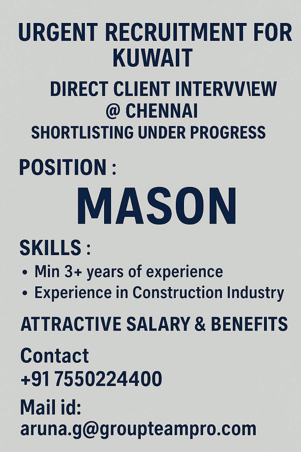 Urgent Recruitment For Kuwait, Direct Interview @ Chennai
