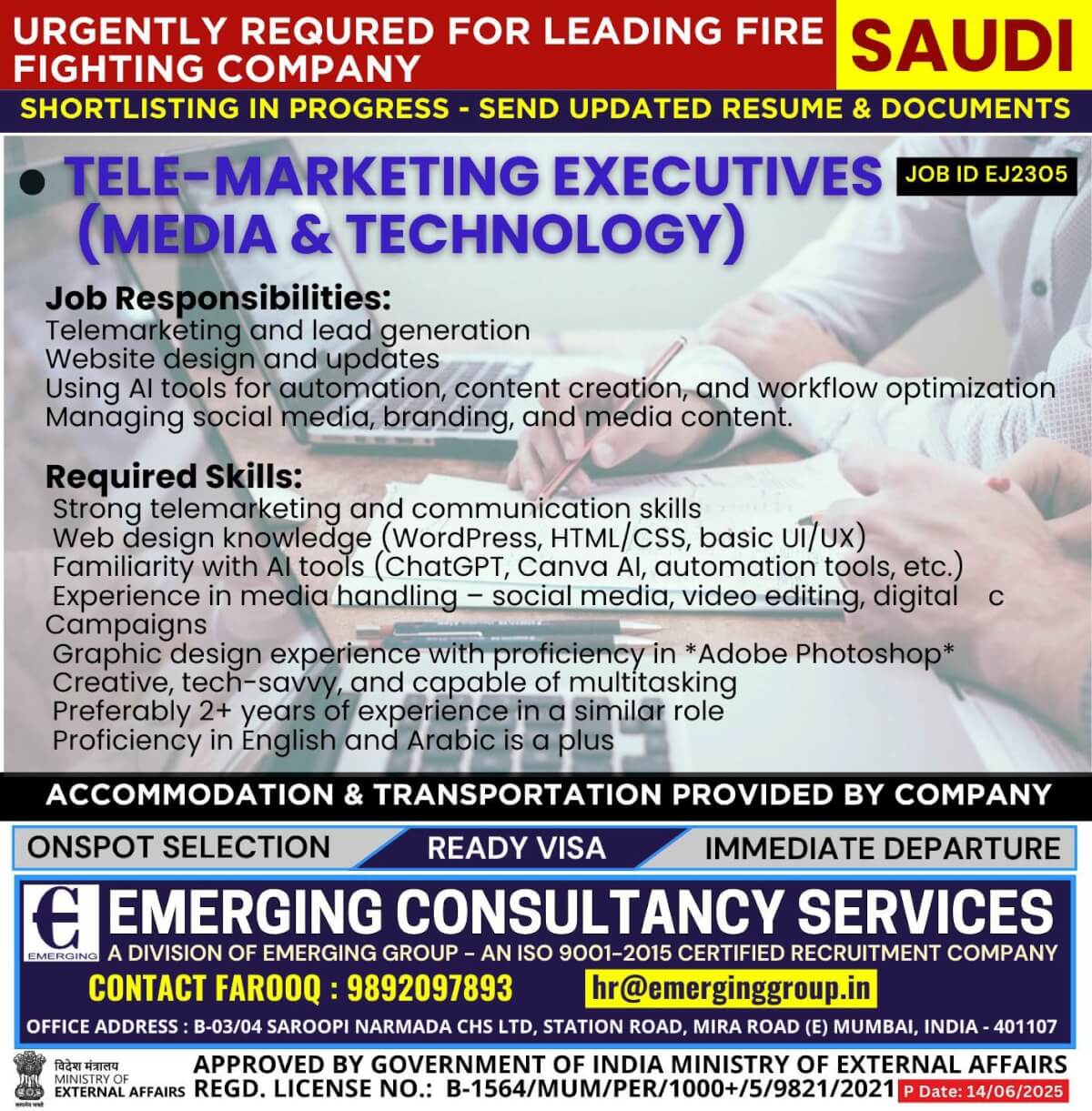 URGENTLY REQUIRED TELE-MARKETING (MEDIA & TECHNOLOGY) FOR SAUDI ARABIA