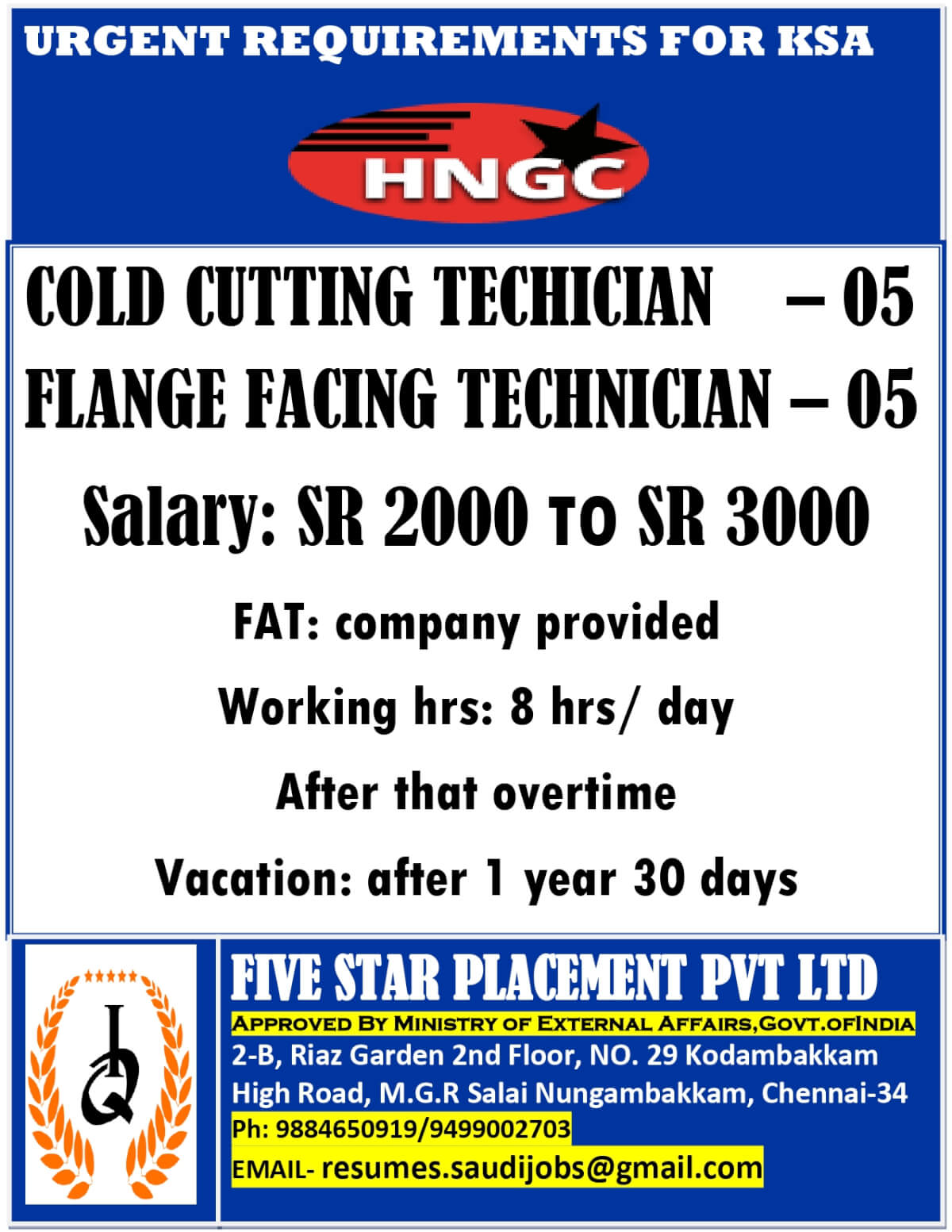 URGENT REQUIREMENT FOR SAUDI ARABIA