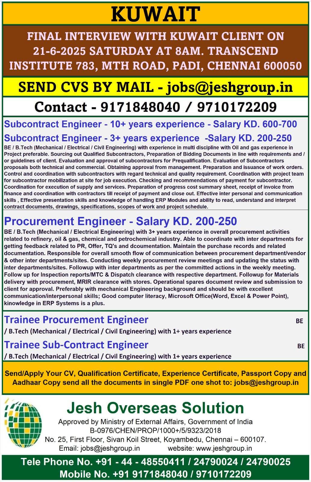 Subcontract Engineer, Procurement Engineer & Trainee