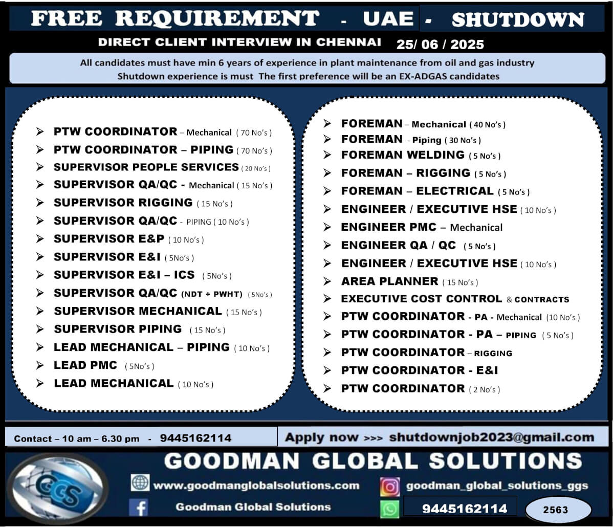 FREE REQUIREMENT - UAE  SHUTDOWN PROJECT DESCON Direct Client Interview in CHENNAI @ 25th- June – 2025