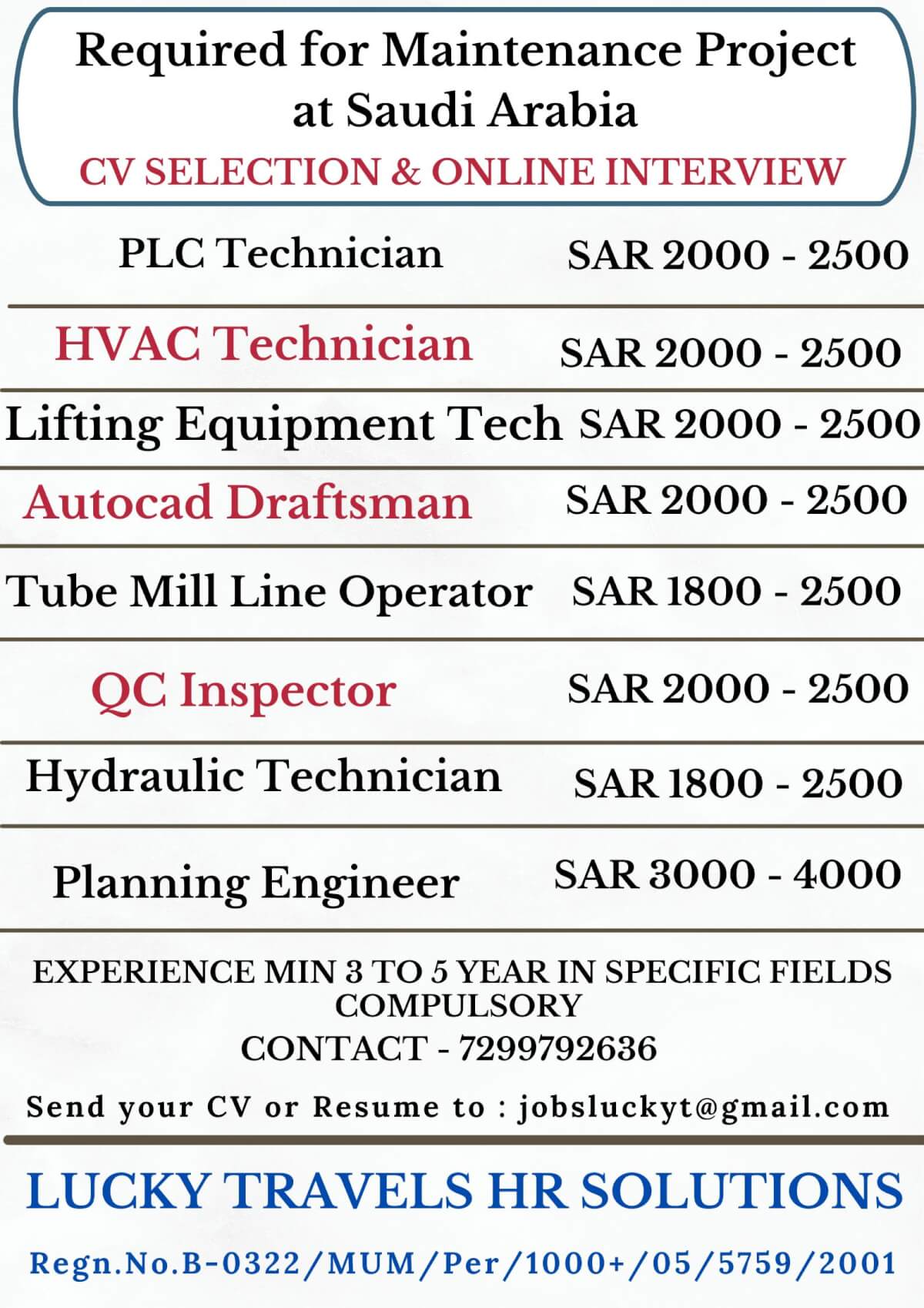 Urgent Requirement for Leading Maintenance Project for Saudi Arabia / cv selection & online interview / contact on 7299792636
