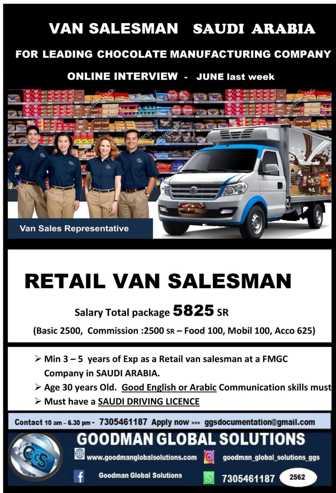 VAN SALESMAN   SAUDI  ARABIA   FOR LEADING CHOCOLATE MANUFACTURING COMPANY