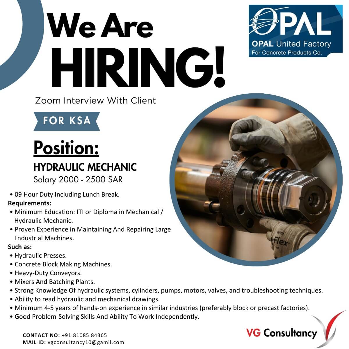 urgent requirement for Hydraulic mechanic