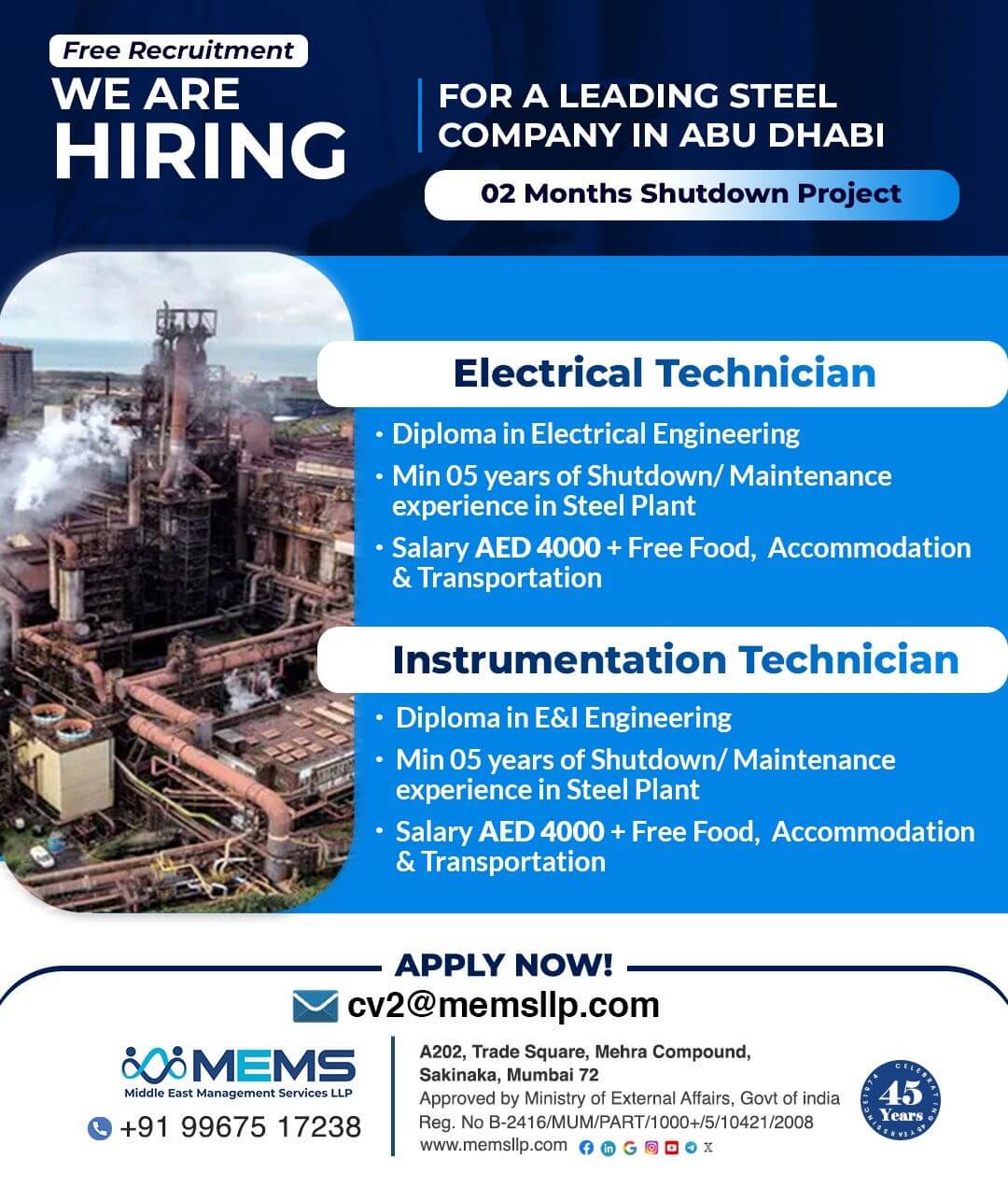 We are Hiring for a Leading Steel Company in Abu Dhabi