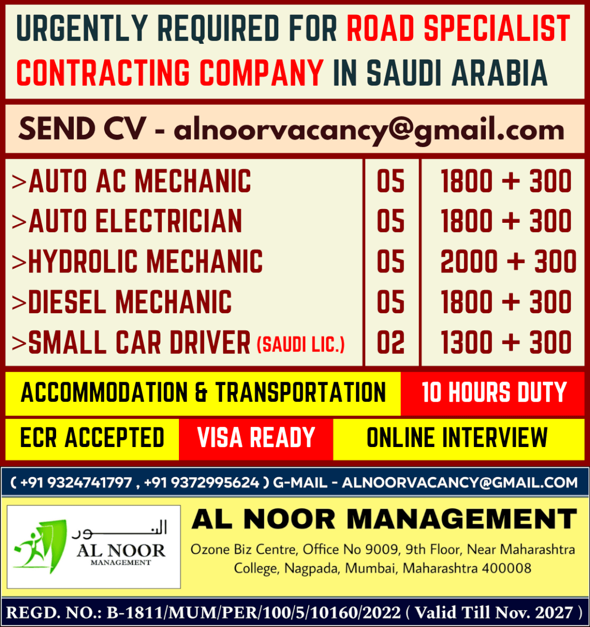 URGENTLY REQUIRED FOR ROAD SPECIALIST CONTRACTING COMPANY IN SAUDI ARABIA