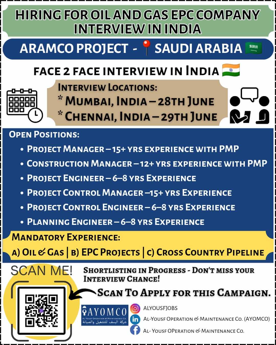URGNETLY REQUIRED FOR A LEADING CO. IN SAUDI ARABIA - CLIENT INTERVIEW IN MUMBAI - 28TH JUNE AND CHENNAI 29TH JUNE 2025