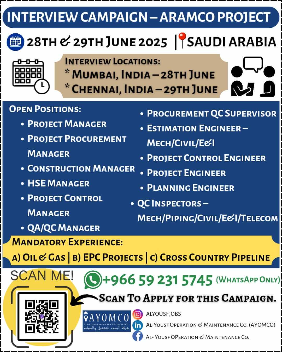 URGNETLY REQUIRED FOR A LEADING CO. IN SAUDI ARABIA - CLIENT INTERVIEW IN MUMBAI - 28TH JUNE AND CHENNAI 29TH JUNE