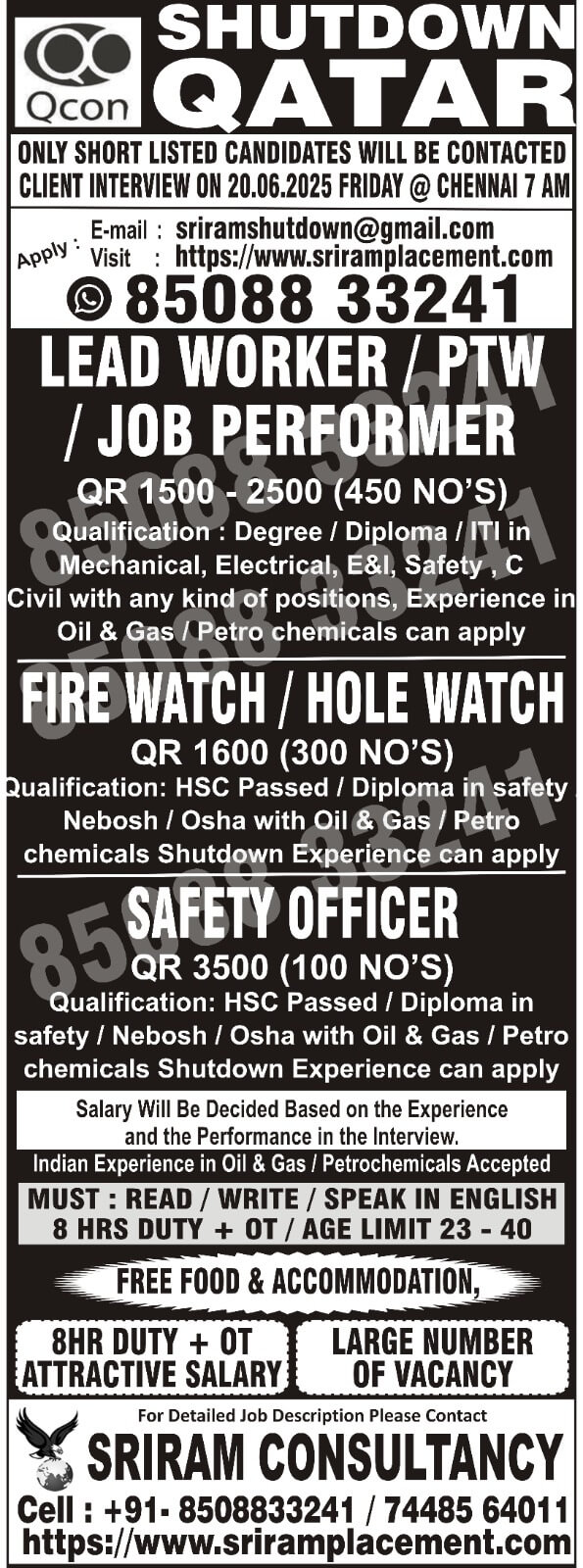 Urgent Recruitment for QCON Qatar Oil & Gas , Shutdown Project for Permit Receiver/ FIRE WATCH / HOLE WATCH/ SAFETY OFFICER  /,  apply : sriramshutdown@gmail.com.