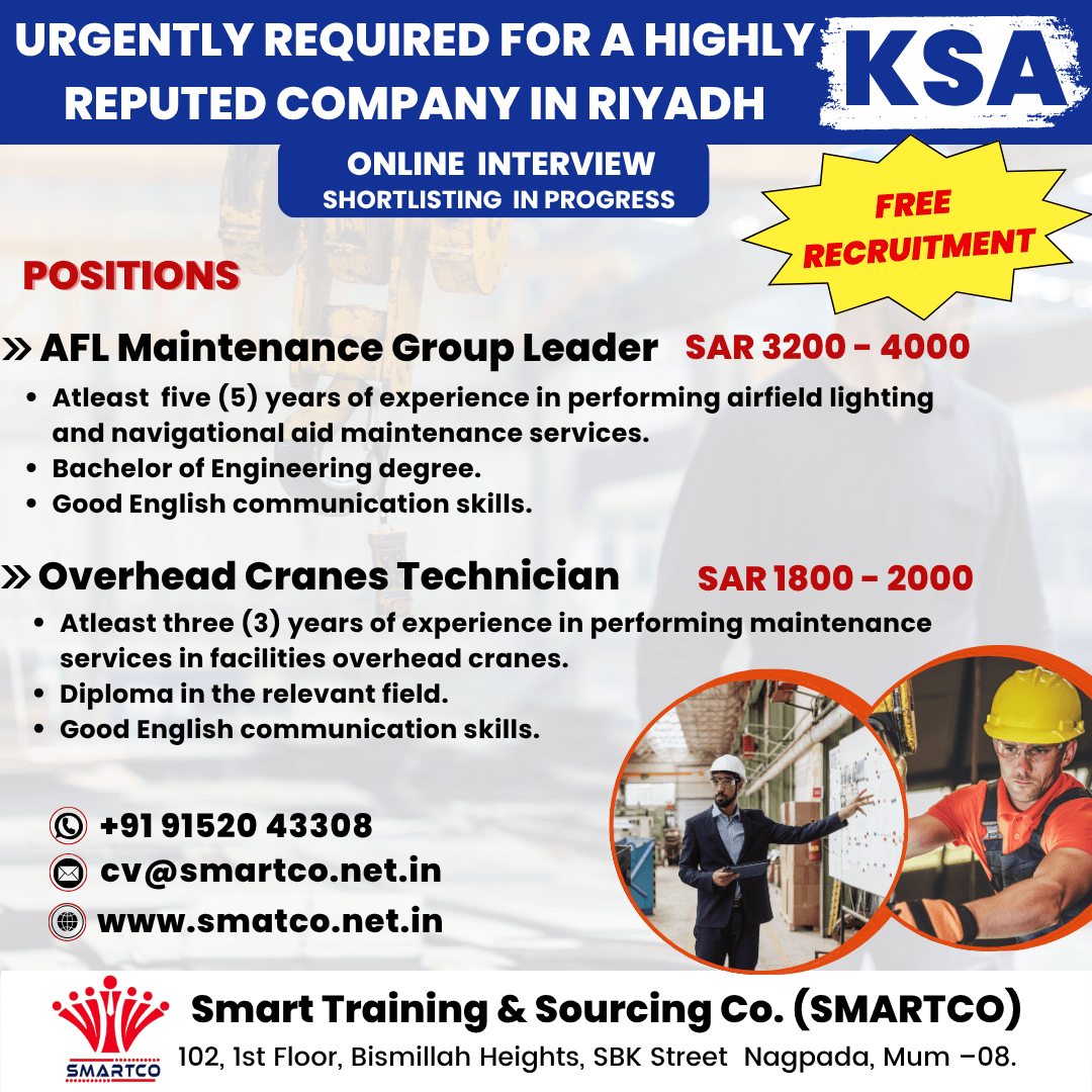 FREE RECRUITMENT  URGENTLY REQUIRED FOR A HIGHLY REPUTED COMPANY IN RIYADH — KSA