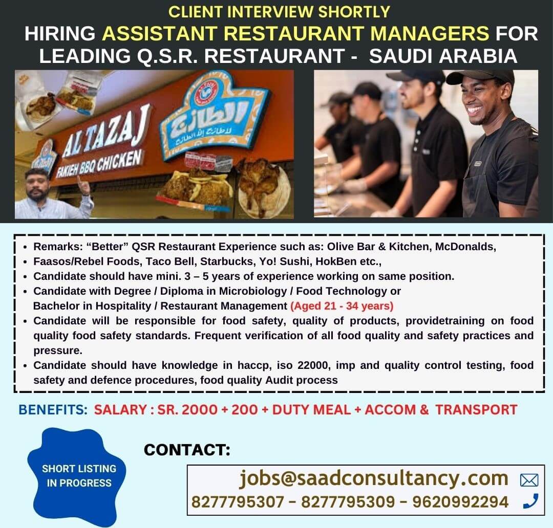 hiring for LEADING FAST FOOD CHAIN RESTAURANT IN SAUDI ARABIA