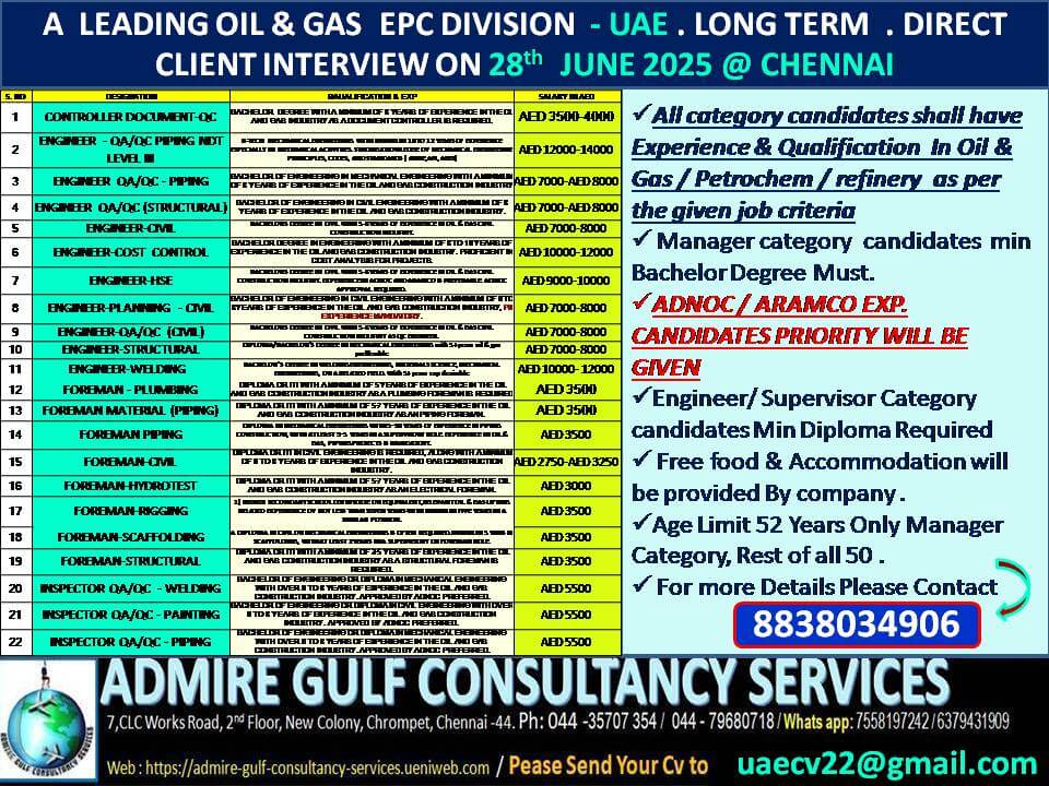 A LEADING OIL & GAS COMPANY - UAE -LONG TERM . DIRECT CLIENT INTERVIEW ON 28th JUNE 2025 @ CHENNAI