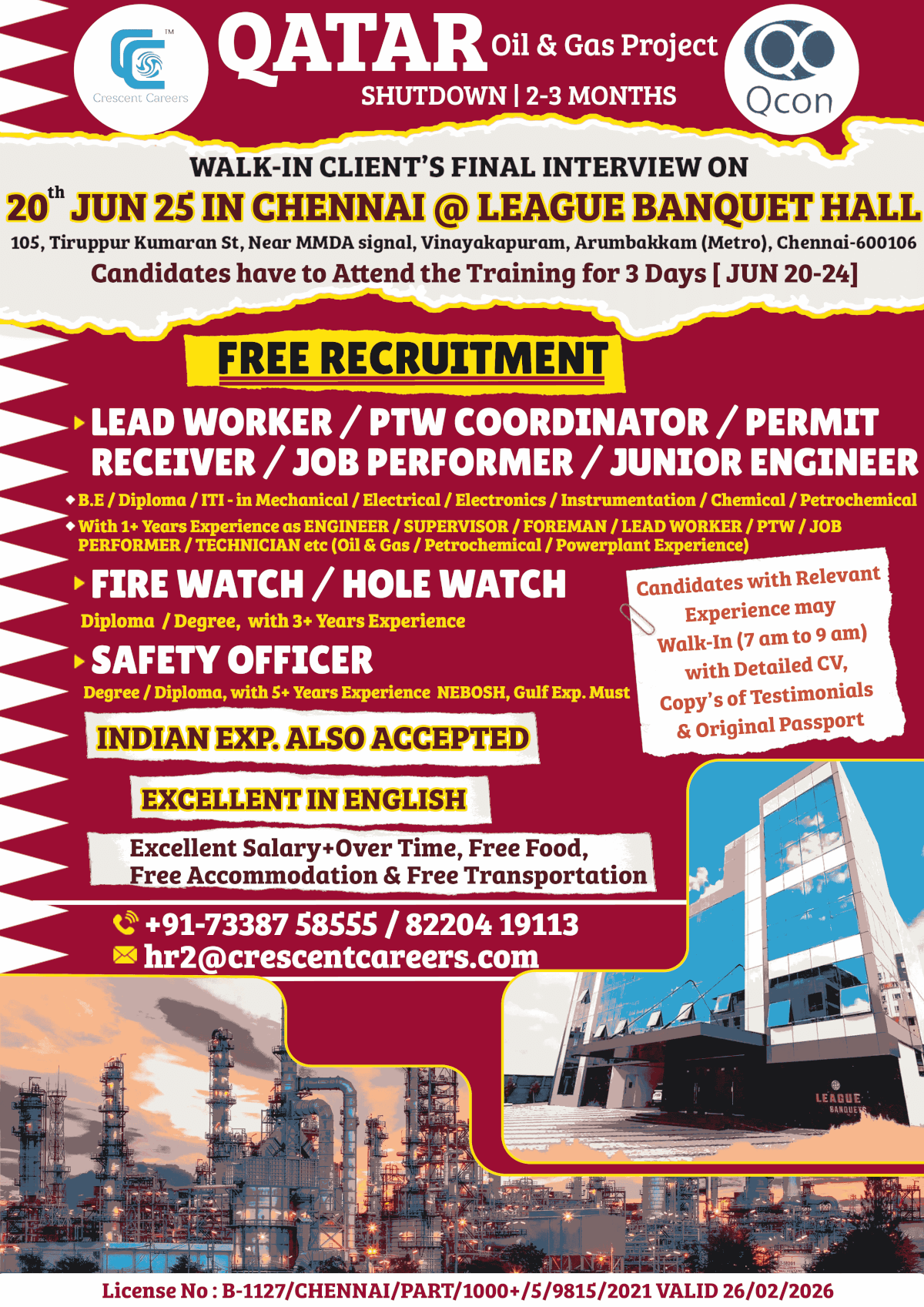WALK-IN CLIENT'S FINAL INTERVIEW ON 20th JUN 2025 IN CHENNAI @ LEAGUE BANQUET HALL