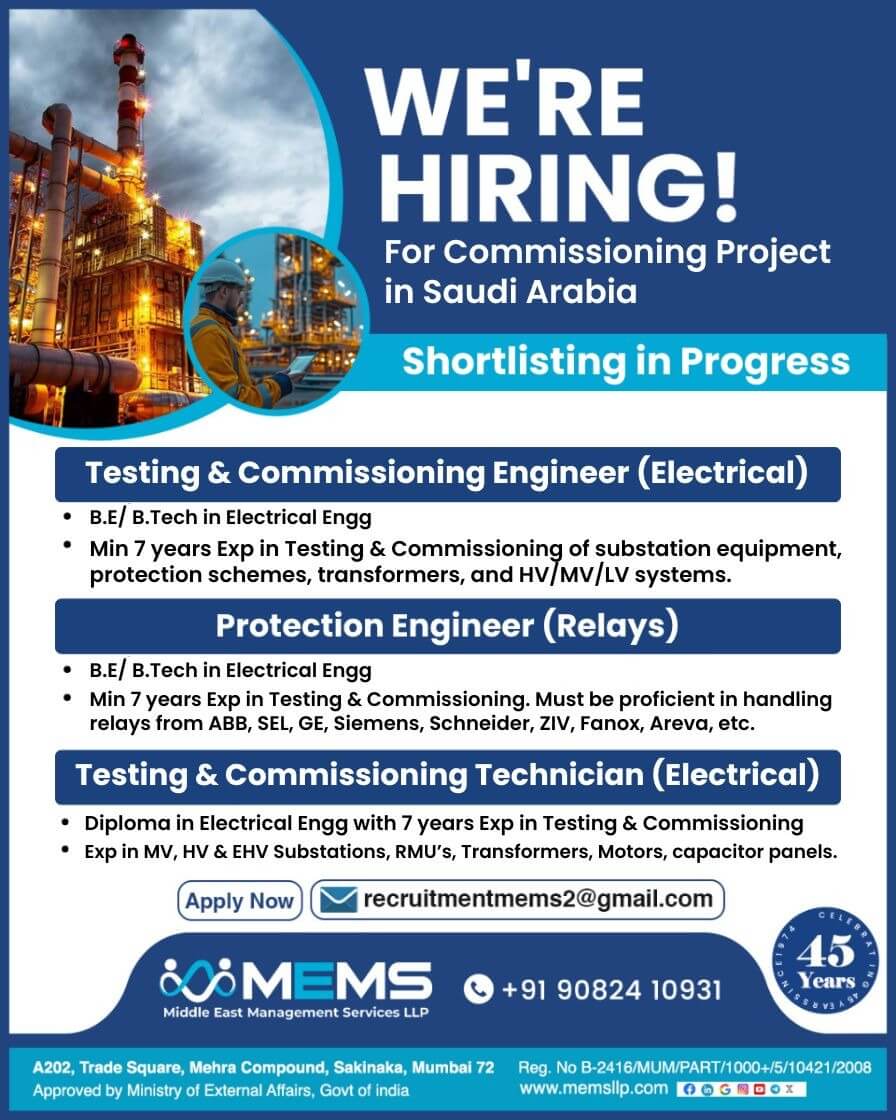 We're Hiring for Commissioning Project in Saudi Arabia