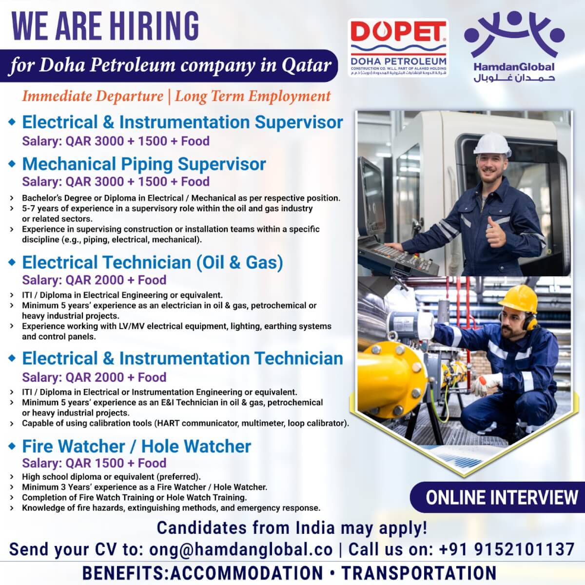 Urgent Requirement for Doha Petroleum company in Qatar