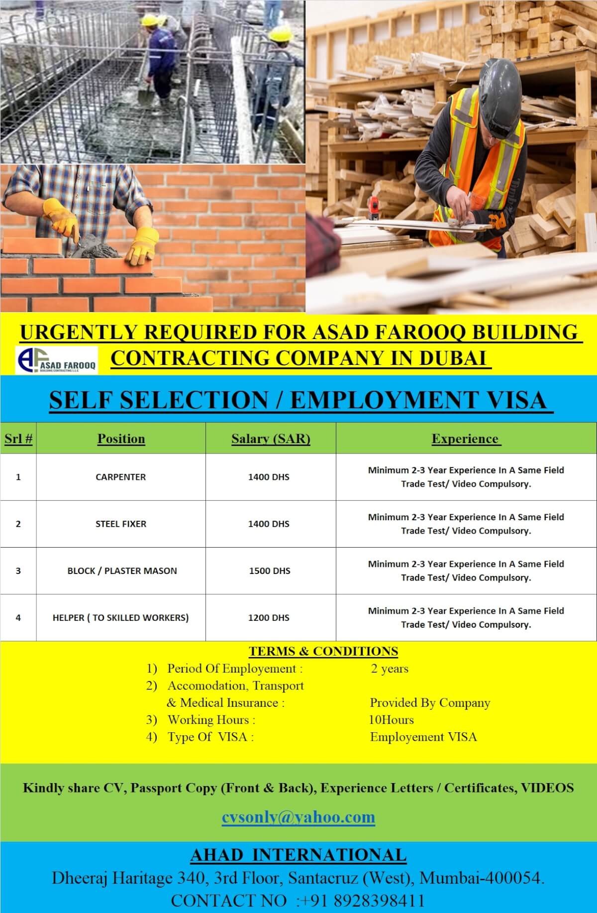 URENTLY REQUIRED FOR ASAD FAROOQUE CONTRACTING COMPANY IN DUBAI URENTLY REQUIRED FOR ASAD FAROOQUE CONTRACTING COMPANY IN DUBAI