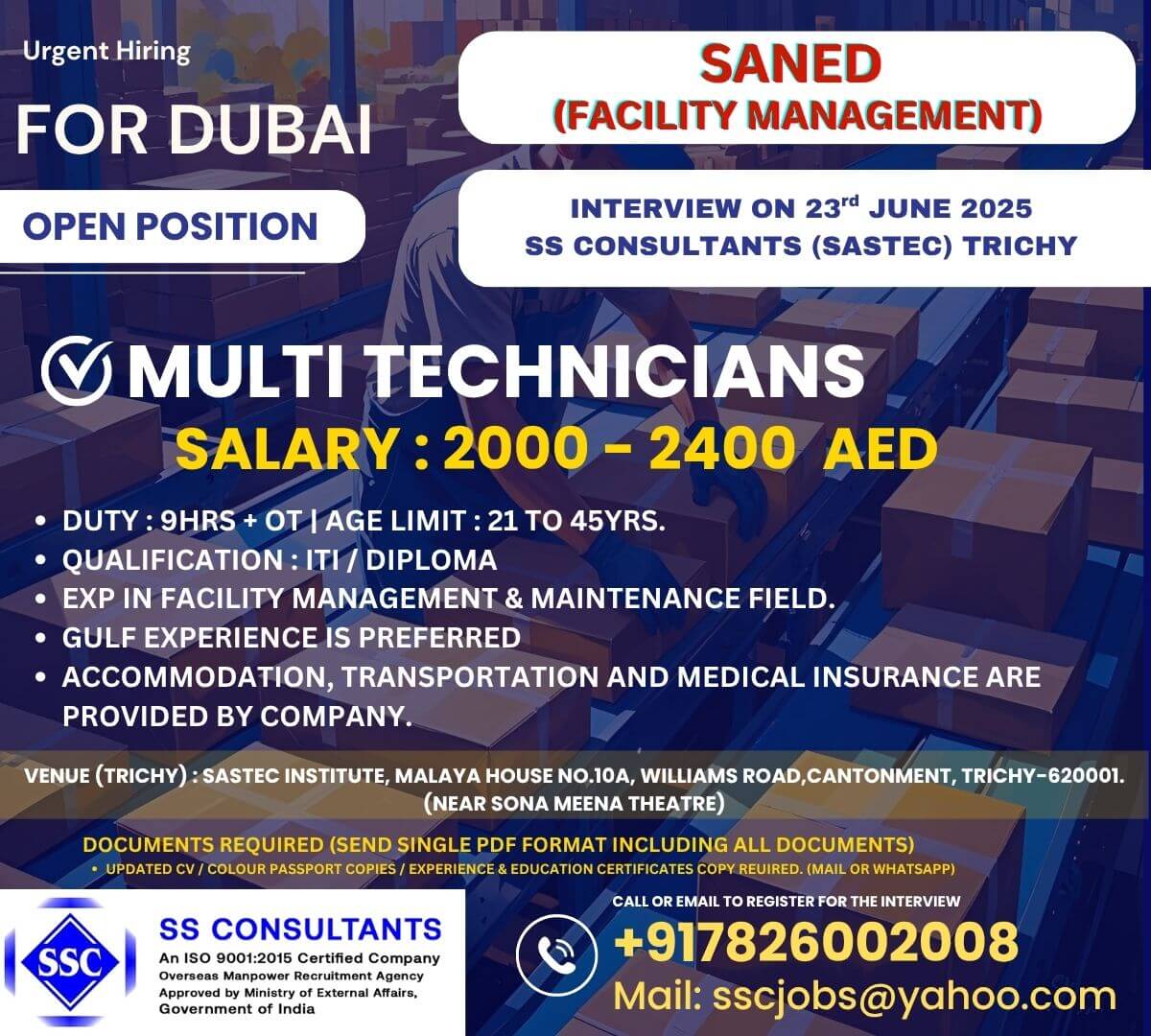 Urgent Hiring for Multitechnicians in Dubai – 2000-2400 AED, Free Accommodation & Benefits | Interview on 23rd June 2025