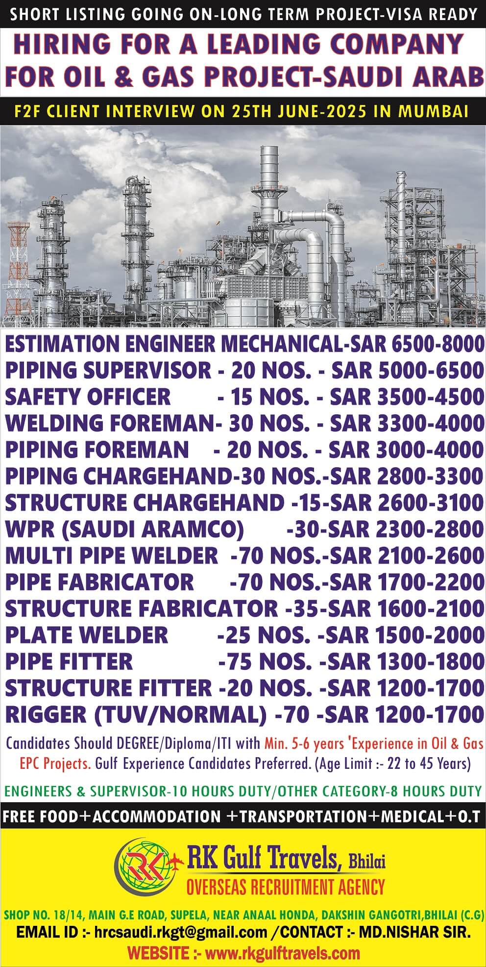 URGENTLY REQUIRED FOR OIL & GAS PROJECTS IN SAUDI ARABIA.